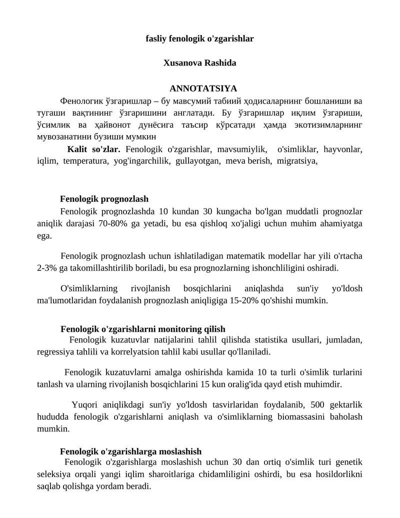 fasliy fenologik o'zgarishlar