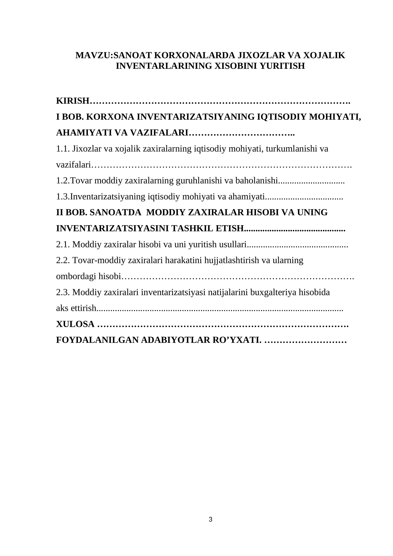 SANOAT KORXONALARDA JIXOZLAR VA XOJALIK INVENTARLARINING XISOBINI YURITISH