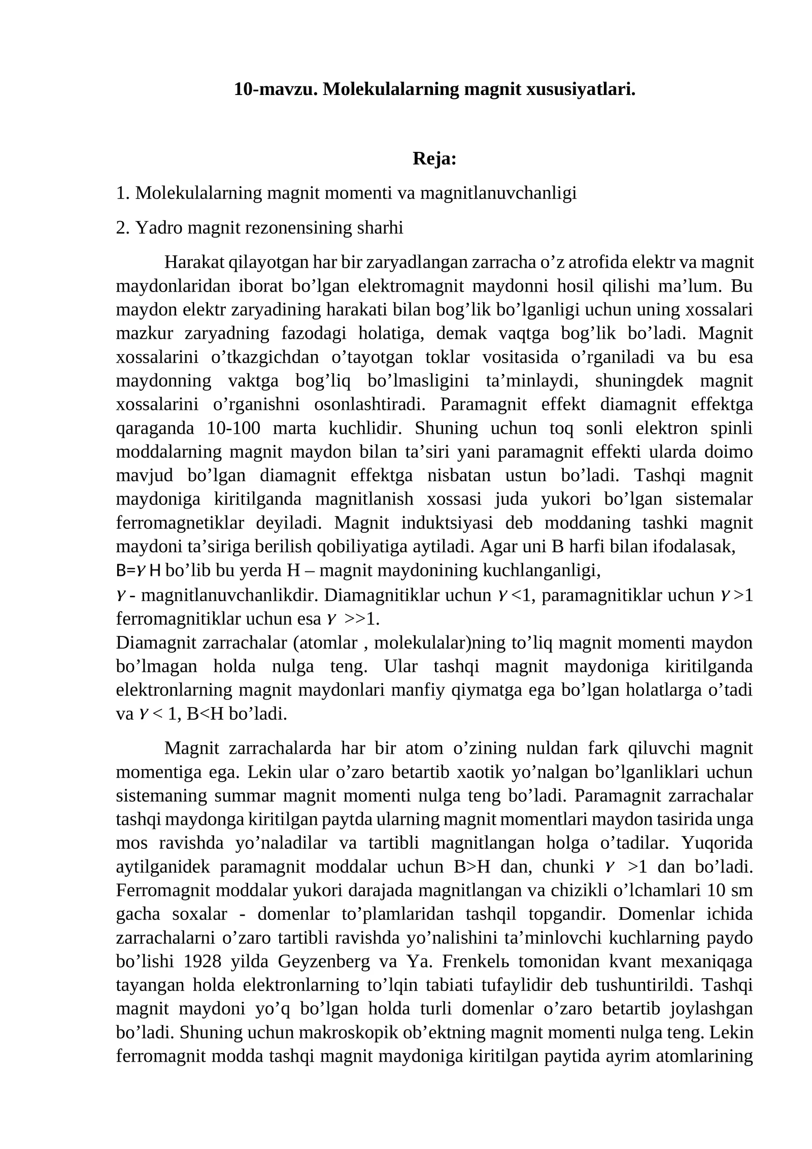 Molekulalarning magnit xususiyatlari