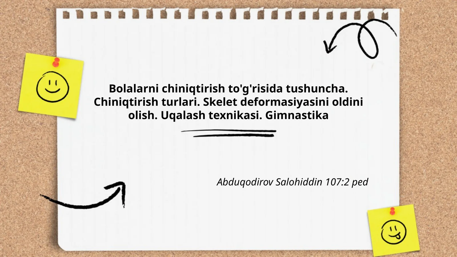 Bolalarni chiniqtirish to'g'risida tushuncha. Chiniqtirish turlari. Skelet deformasiyasini oldini olish. Uqalash texnikasi. Gimnastika