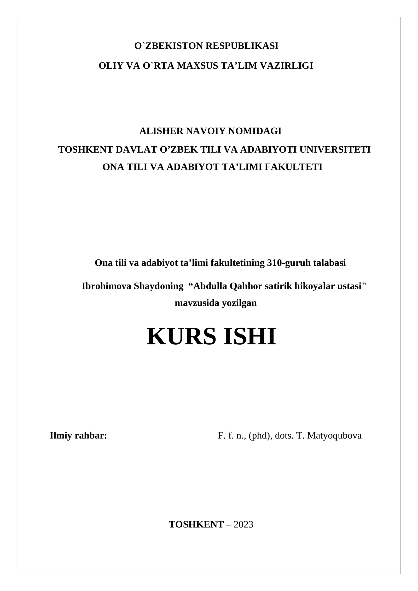 Abdulla Qahhor satirik hikoyalar ustasi KURS ISHI
