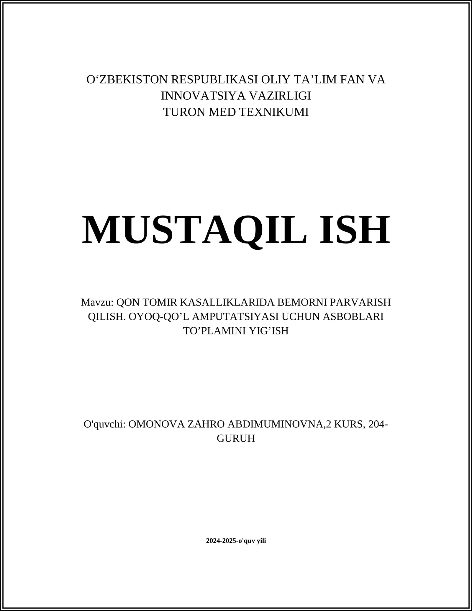 QON TOMIR KASALLIKLARIDA BEMORNI PARVARISH QILISH