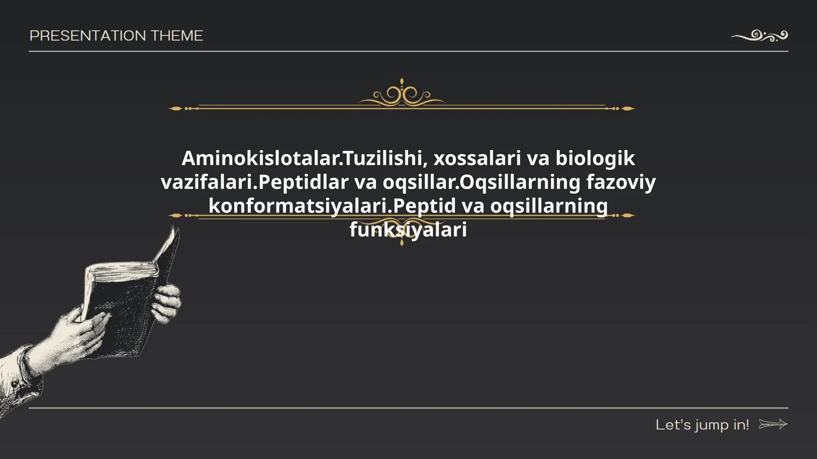 Aminokislotalar.Tuzilishi, xossalari va biologik vazifalari.Peptidlar va oqsillar.Oqsillarging fazoviy konformatsiyalari.Peptid va oqsillarning funksiyalari