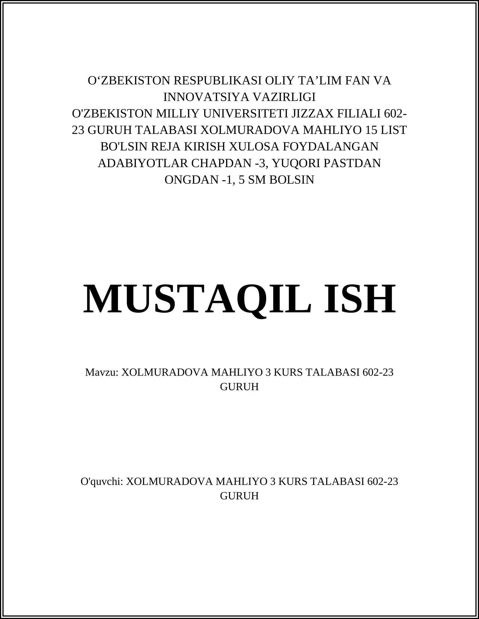 Xolmuradova Mahliyo 3-kursdagi o‘quv reja va fanlari