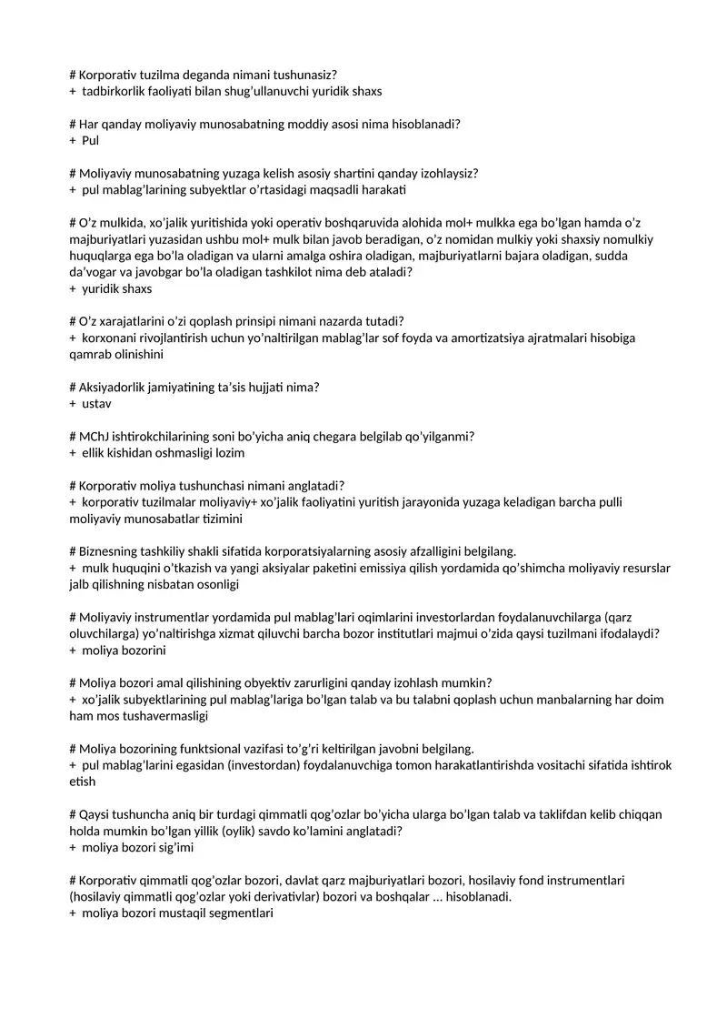 Korparativ moliya yakuniy javoblari