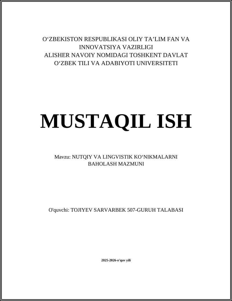 NUTQIY VA LINGVISTIK KOʻNIKMALARNI BAHOLASH MAZMUNI