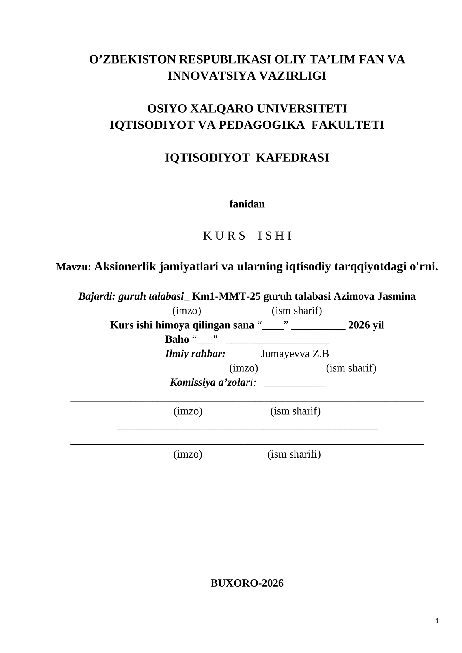 Aksionerlik jamiyatlari va ularning iqtisodiy tarqqiyotdagi o'rni