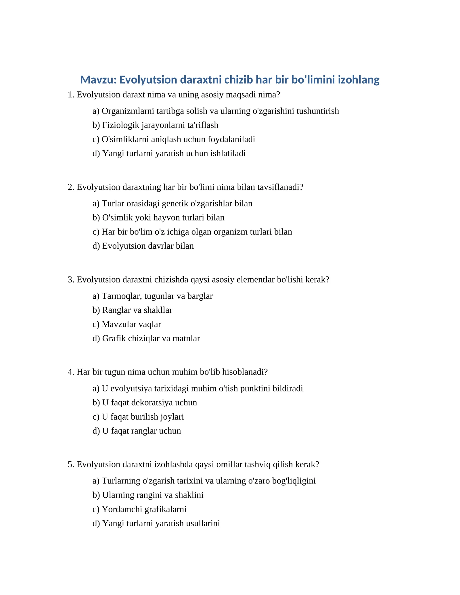 Evolyutsion daraxtni chizib har bir bo'limini izohlang