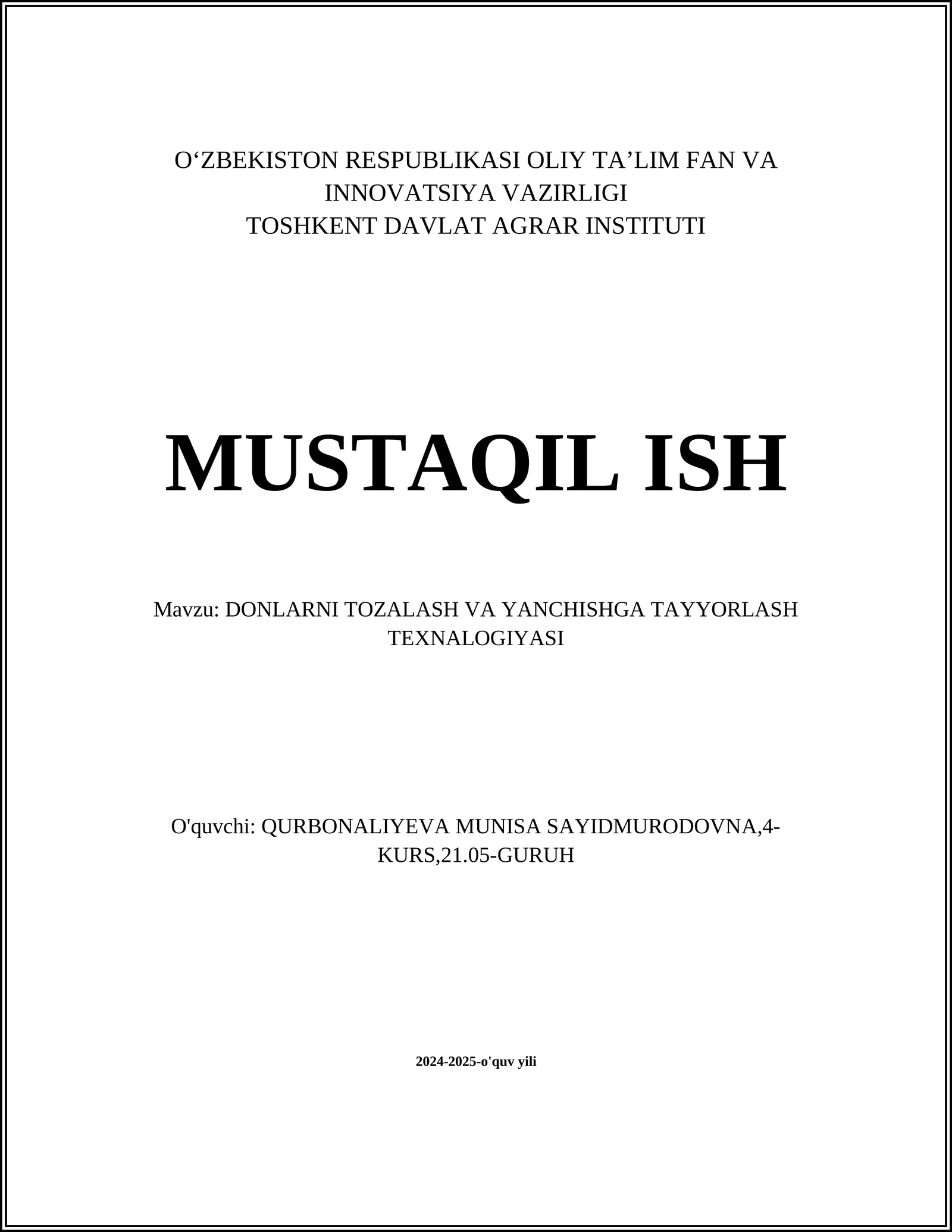 DONLARNI TOZALASH VA YANCHISHGA TAYYORLASH TEXNALOGIYASI