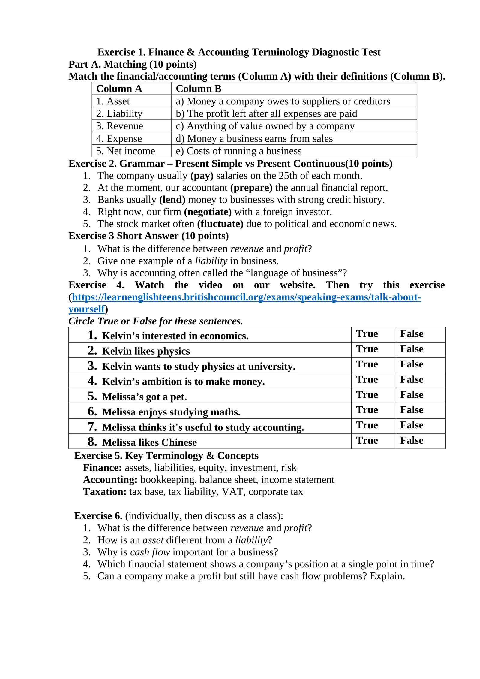 Finance & Accounting Terminology Diagnostic Test