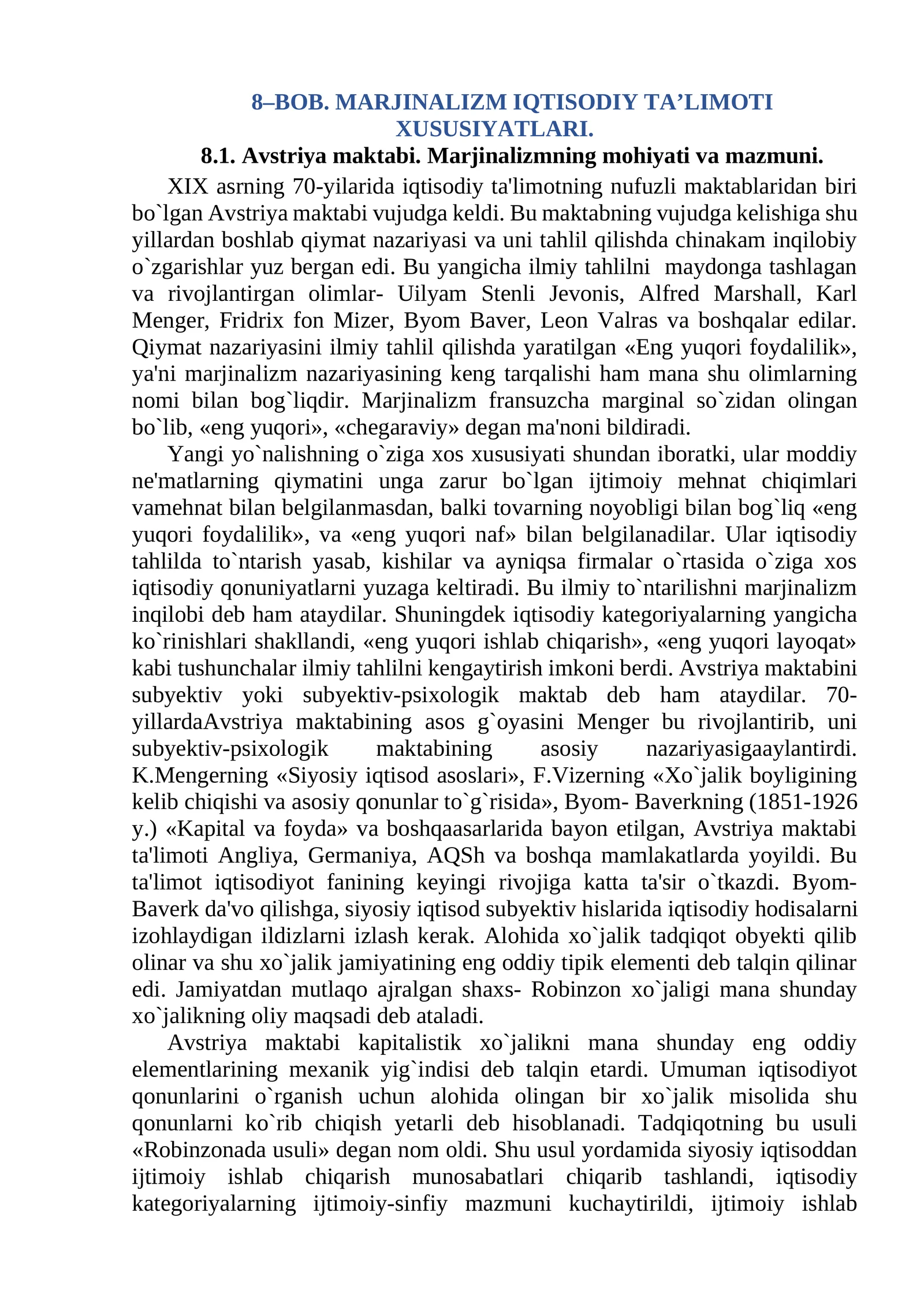 BOB. MАRJINАLIZM IQTISODIY TА’LIMOTI XUSUSIYАTLАRI