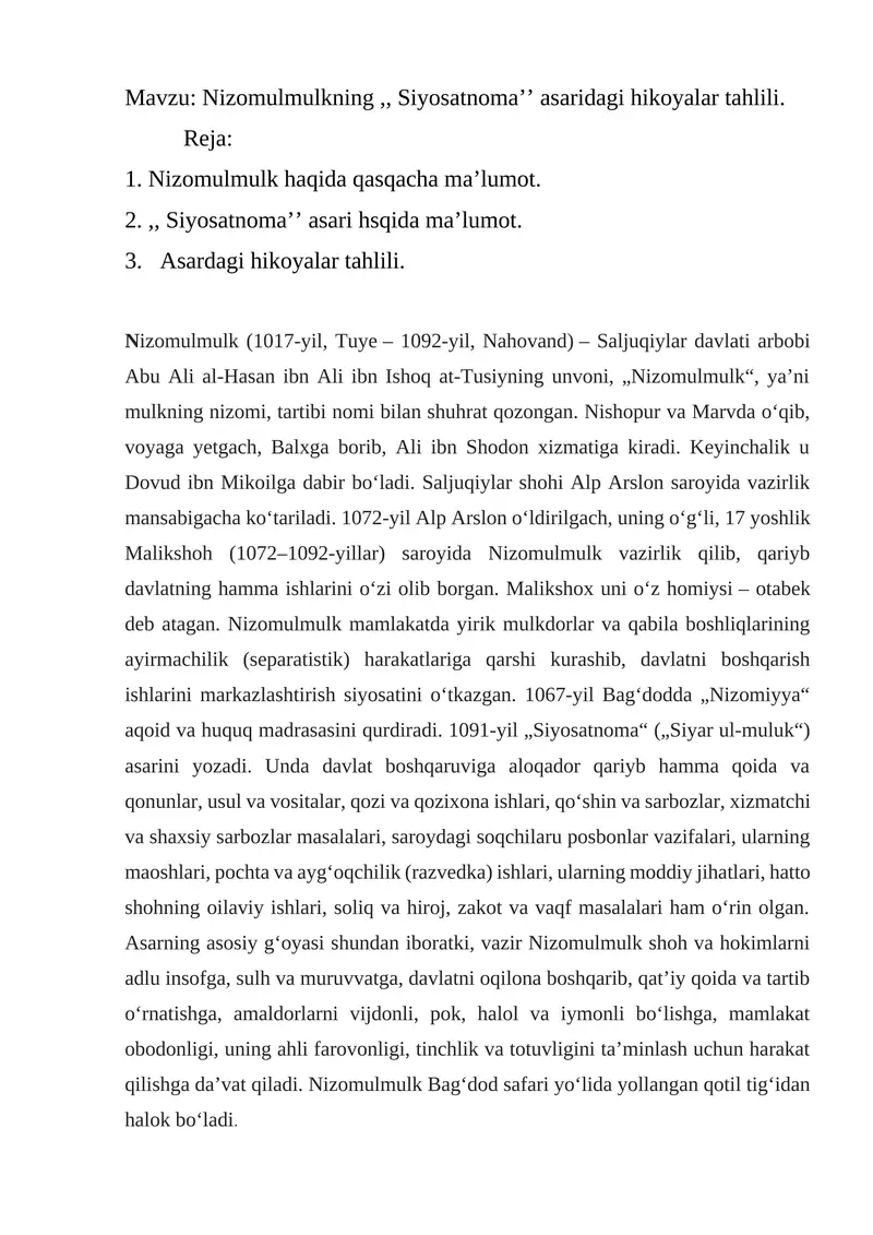Nizomulmulkning Siyosatnoma’’ asaridagi hikoyalar tahlili