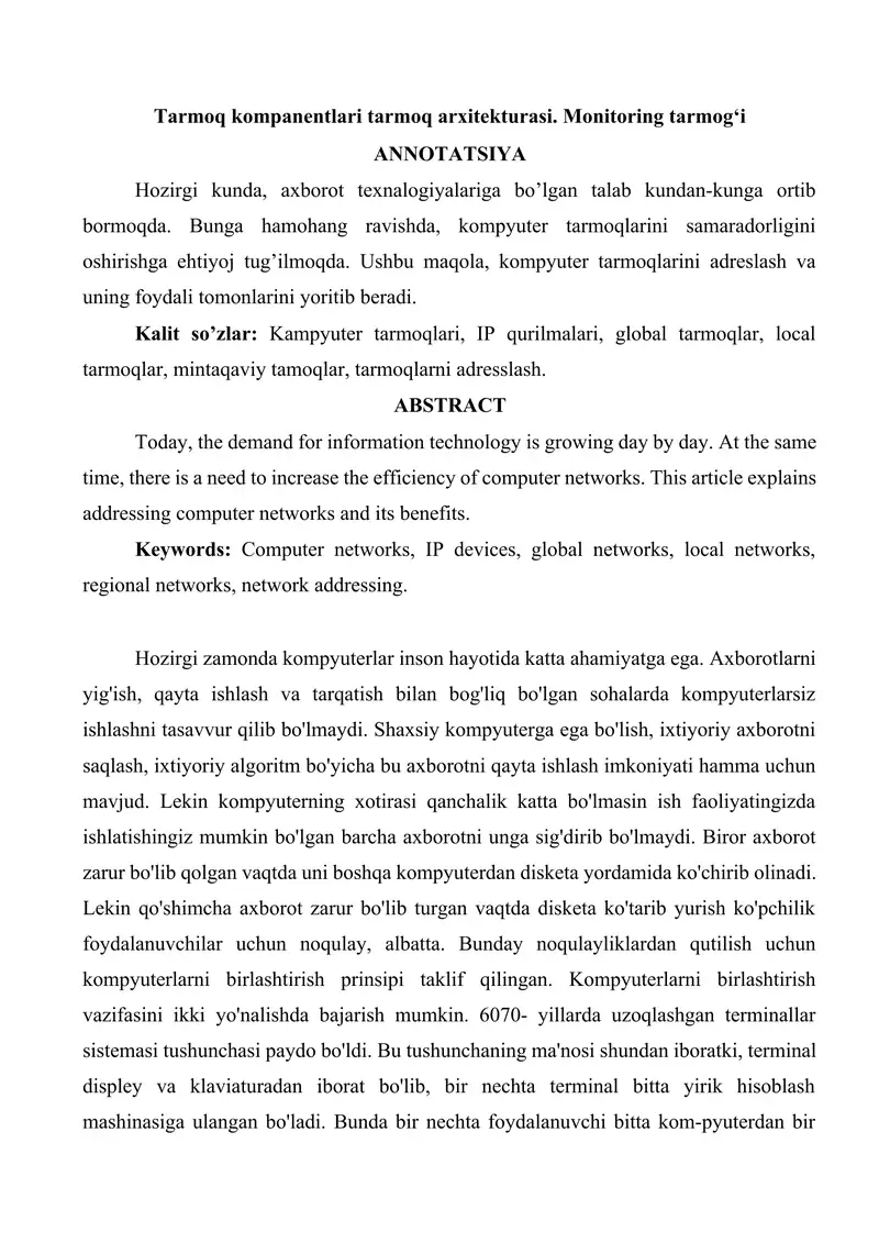 Tarmoq kompanentlari tarmoq arxitekturasi. Monitoring tarmog'i