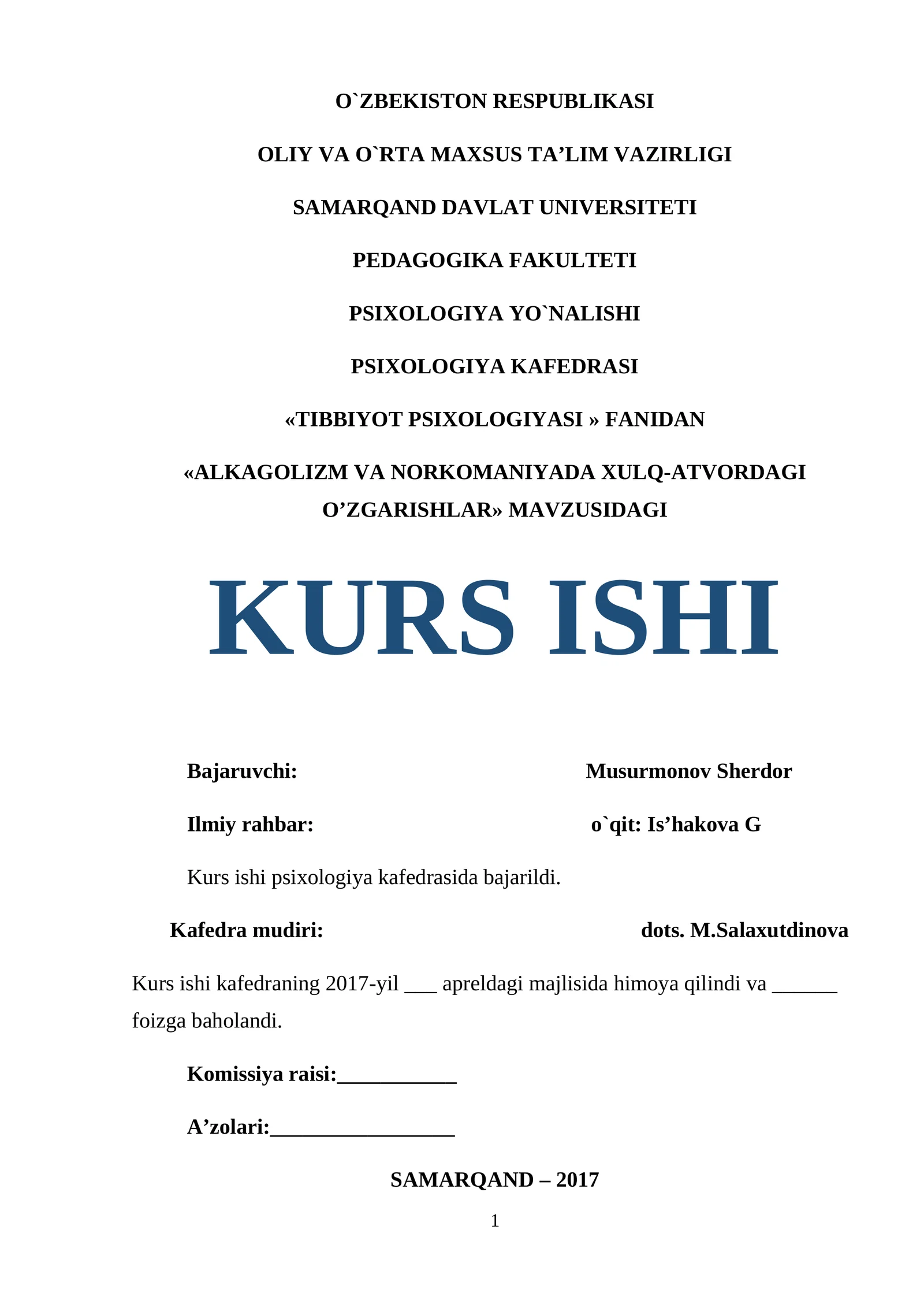 ALKAGOLIZM VA NORKOMANIYADA XULQ-ATVORDAGI O’ZGARISHLAR