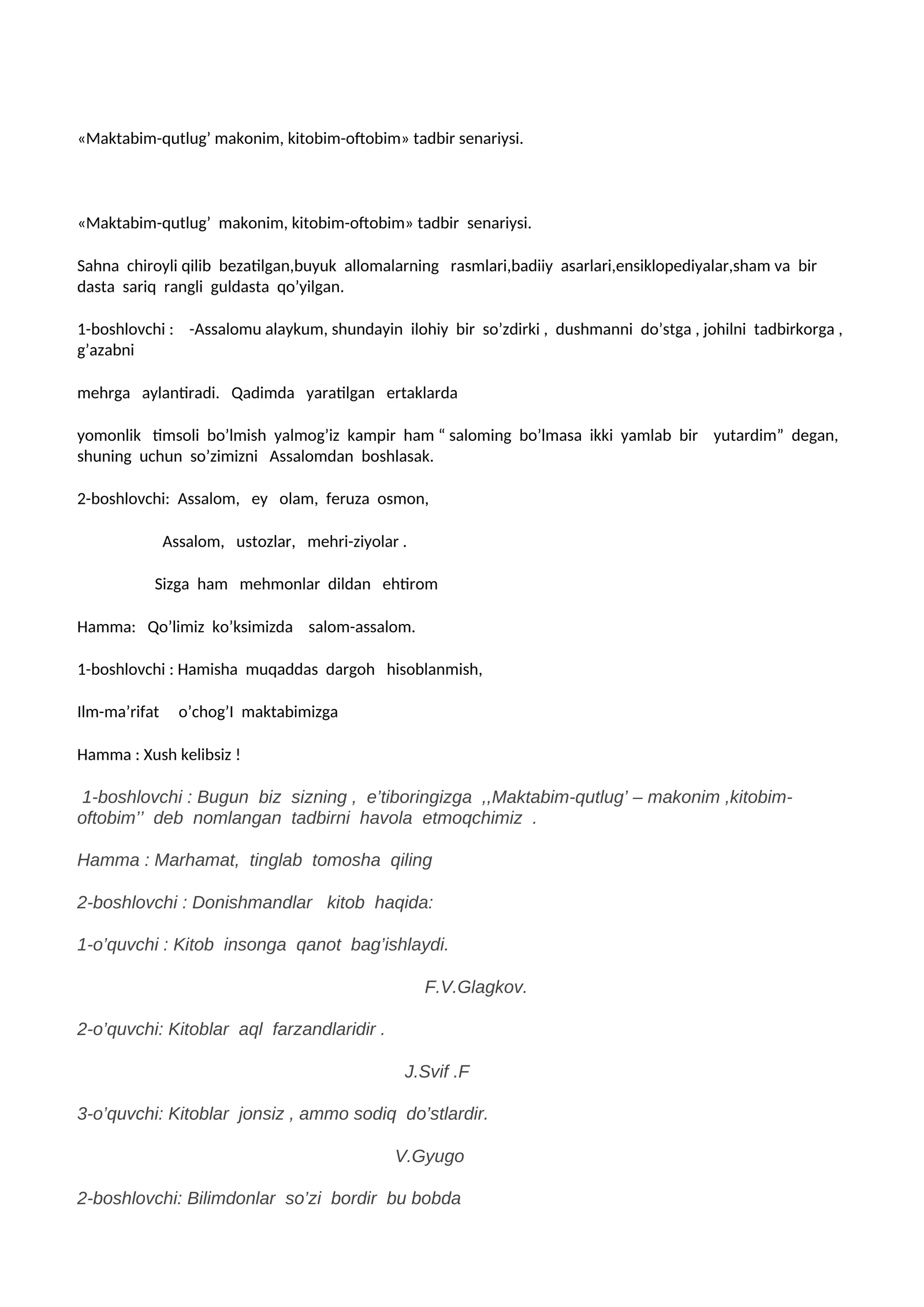 «Maktabim-qutlug’ makonim, kitobim-oftobim» tadbir senariysi