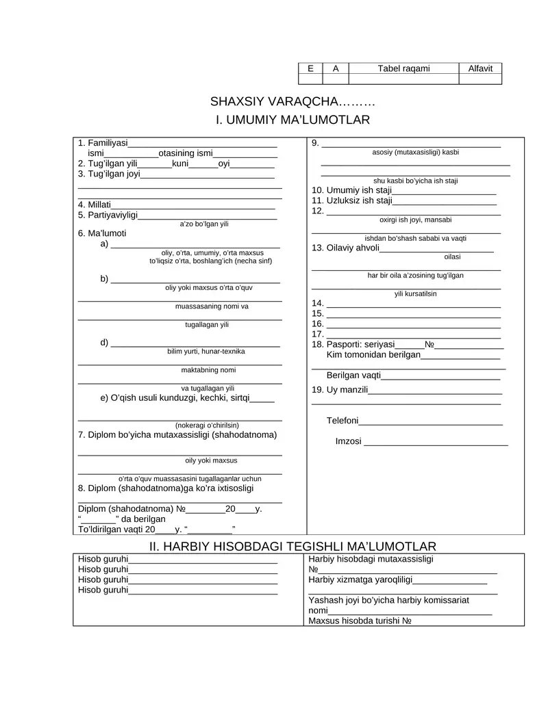 SHAXSIY VARAQCHA blanka