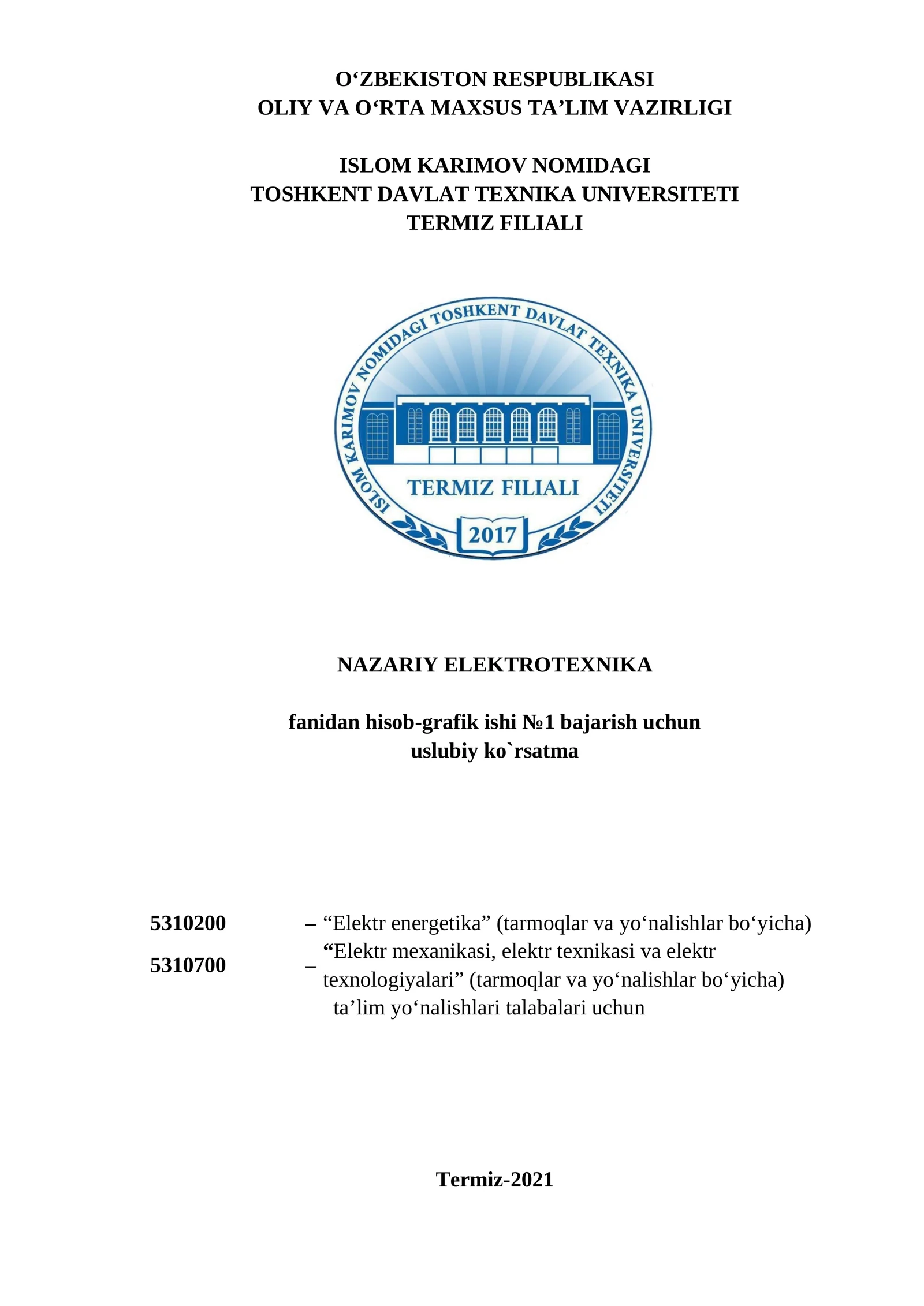 NAZARIY ELEKTROTEXNIKA fanidan hisob-grafik ishi №1