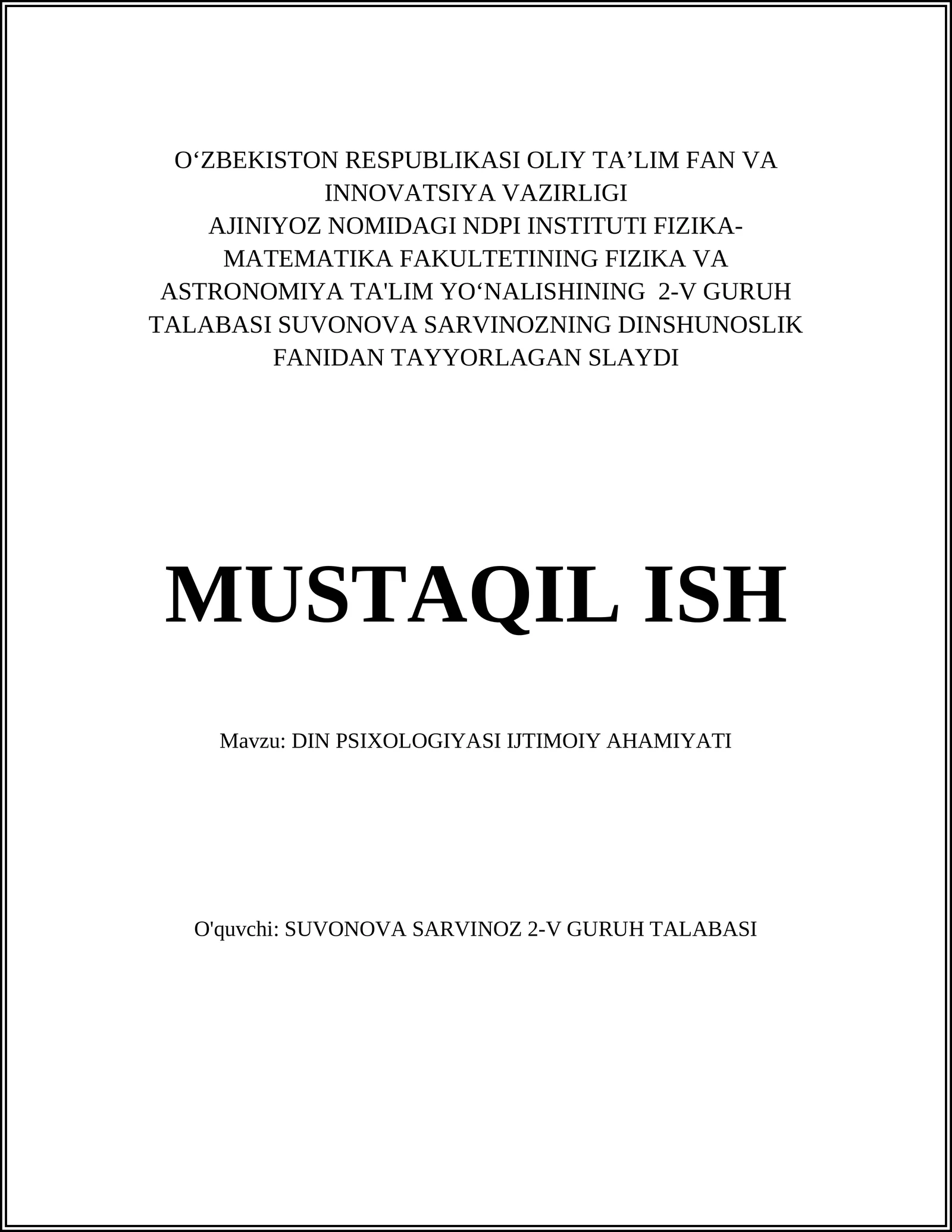 DIN PSIXOLOGIYASI IJTIMOIY AHAMIYATI