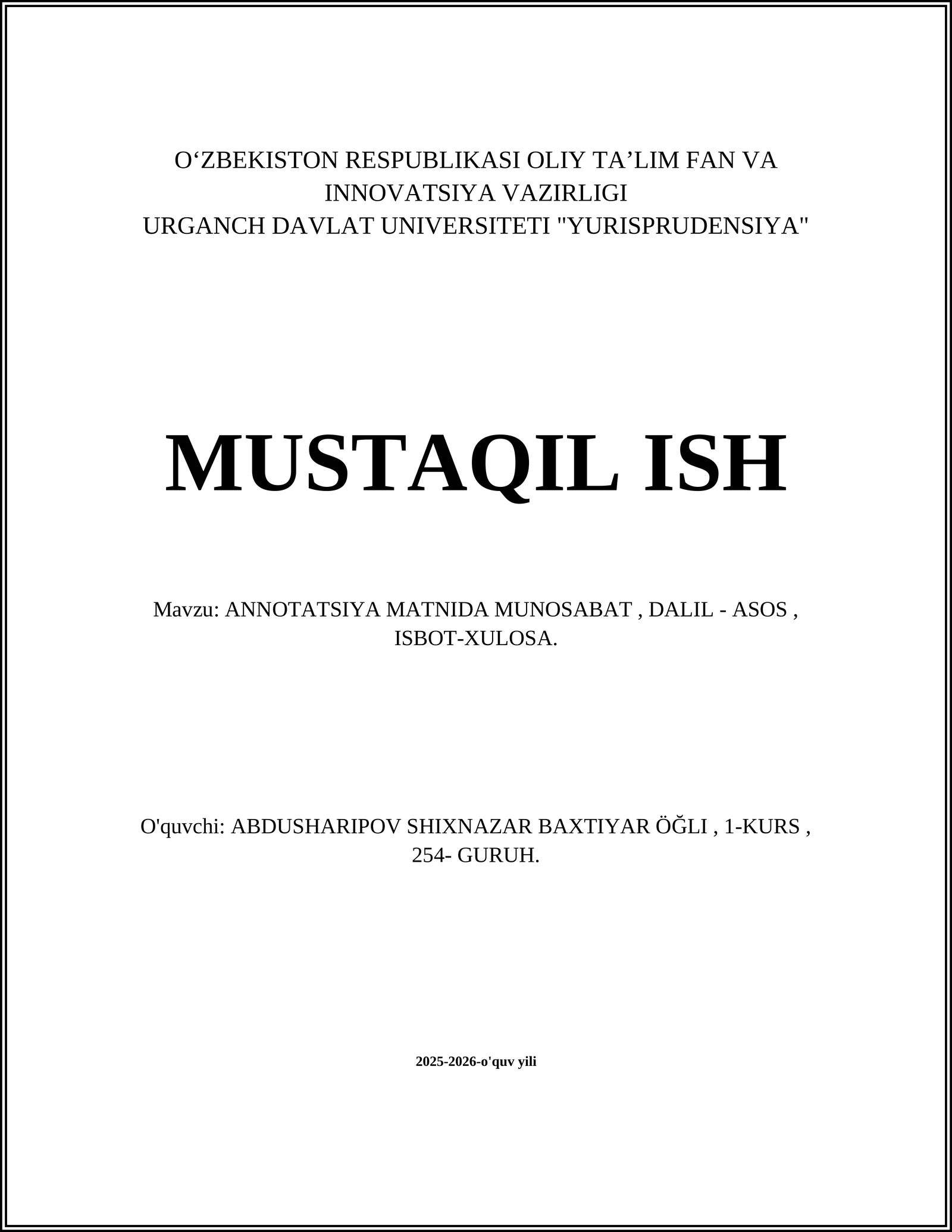 ANNOTATSIYA MATNIDA MUNOSABAT, DALIL - ASOS, ISBOT-XULOSA