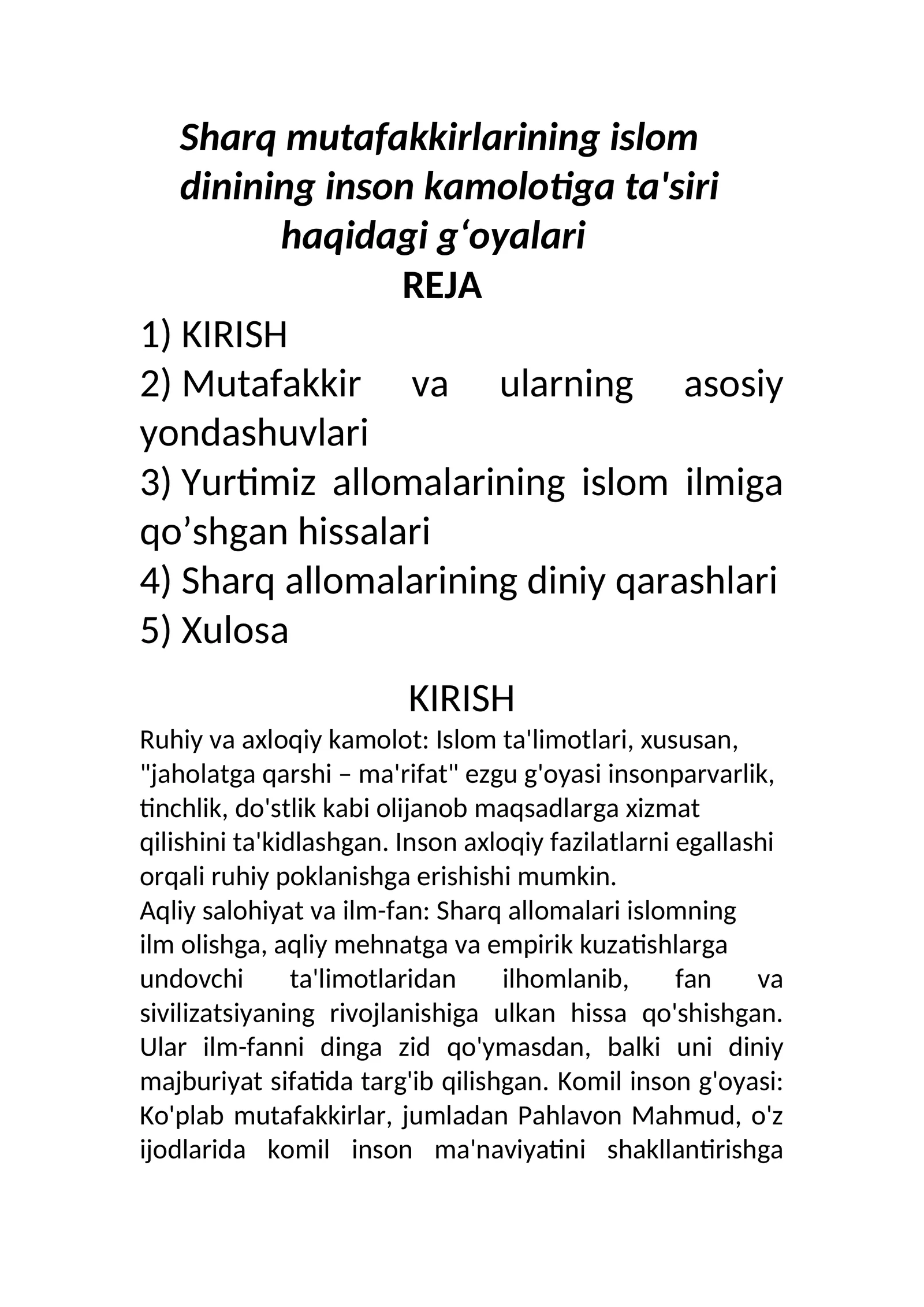 Sharq mutafakkirlarining islom dinining inson kamolotiga ta'siri haqidagi gʻoyalari