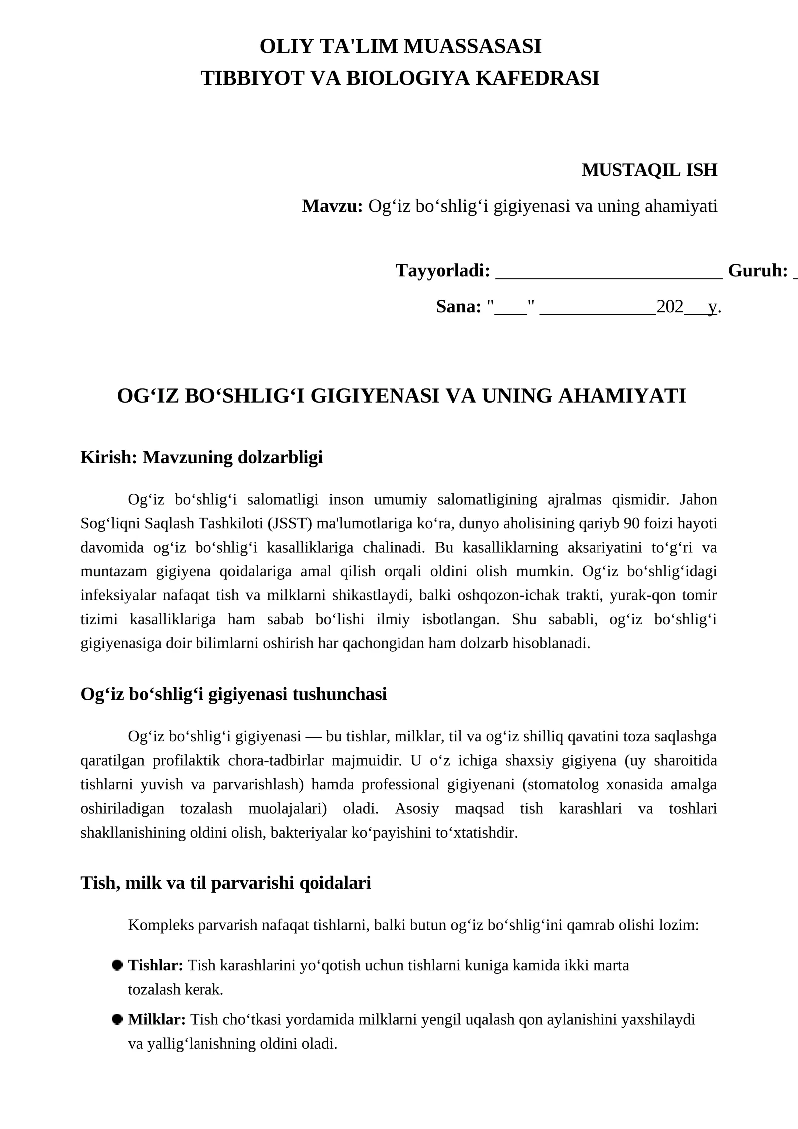 Og‘iz bo‘shlig‘i gigiyenasi va uning ahamiyati