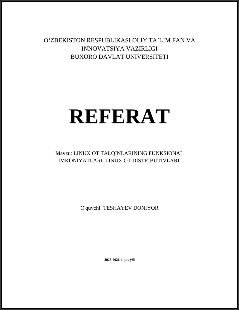 LINUX OT TALQINLARINING FUNKSIONAL IMKONIYATLARI. LINUX OT DISTRIBUTIVLARI