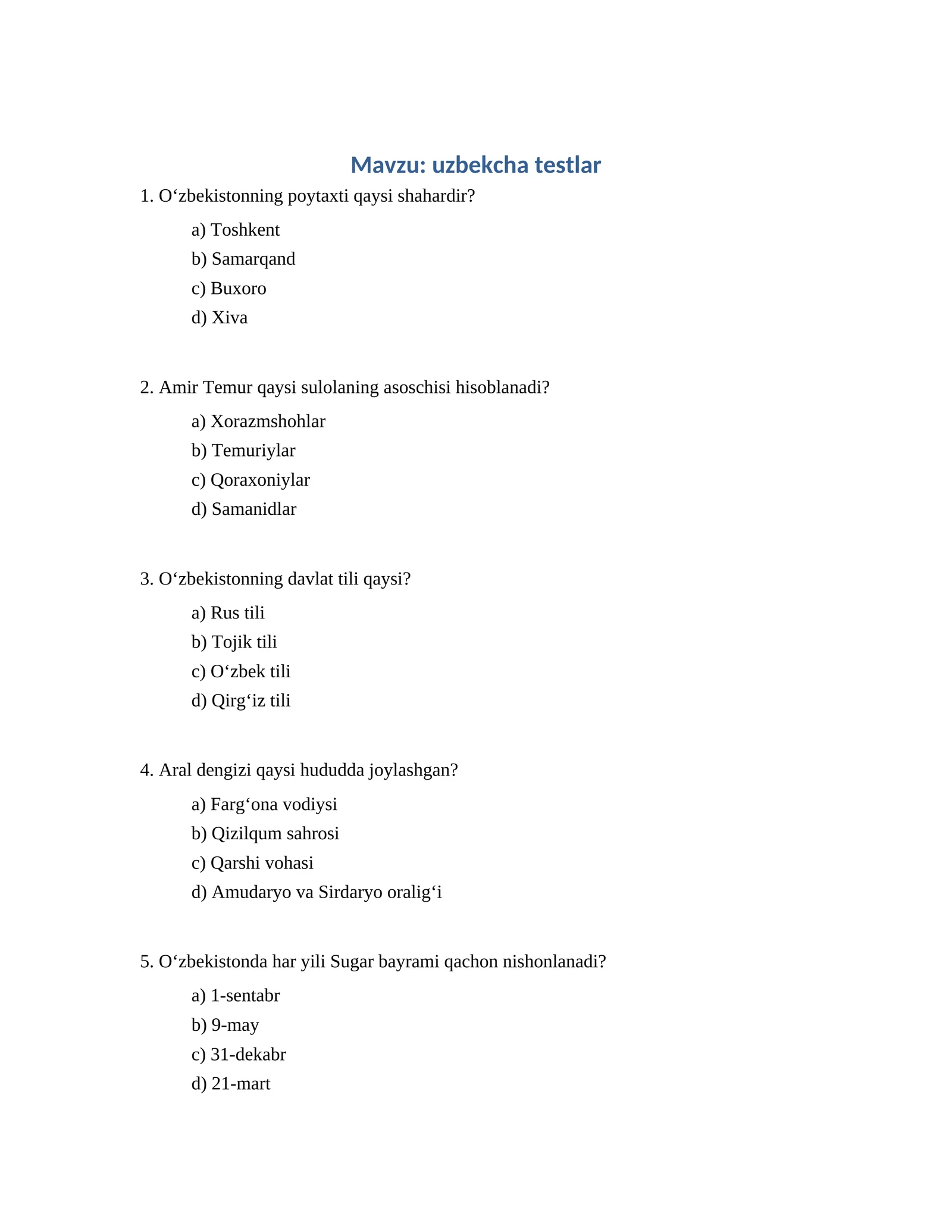 uzbekcha testlar
