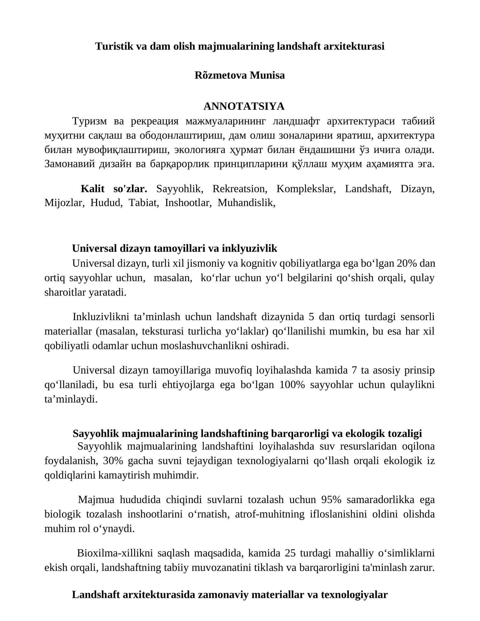 Turistik va dam olish majmualarining landshaft arxitekturasi