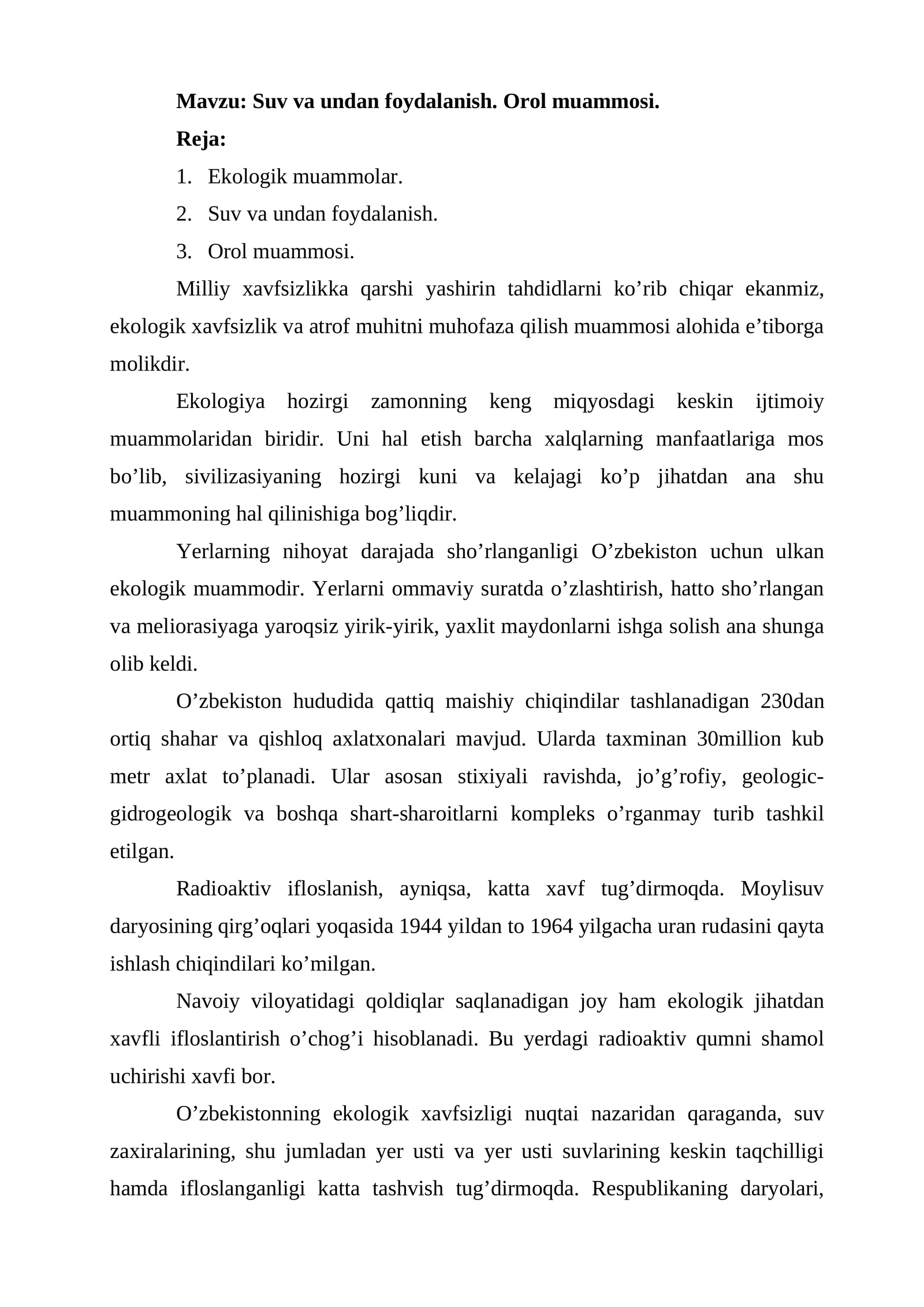 Suv va undan foydalanish. Orol muammosi