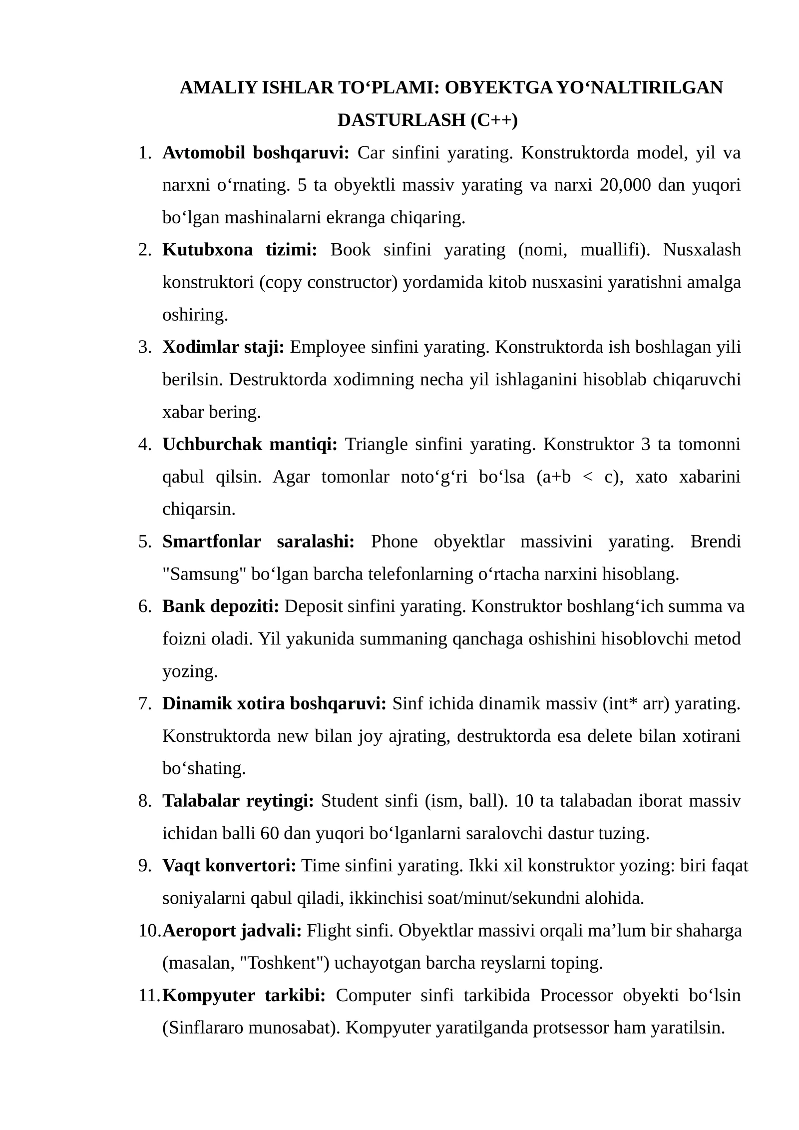 AMALIY ISHLAR TO‘PLAMI: OBYEKTGA YO‘NALTIRILGAN DASTURLASH (C++)