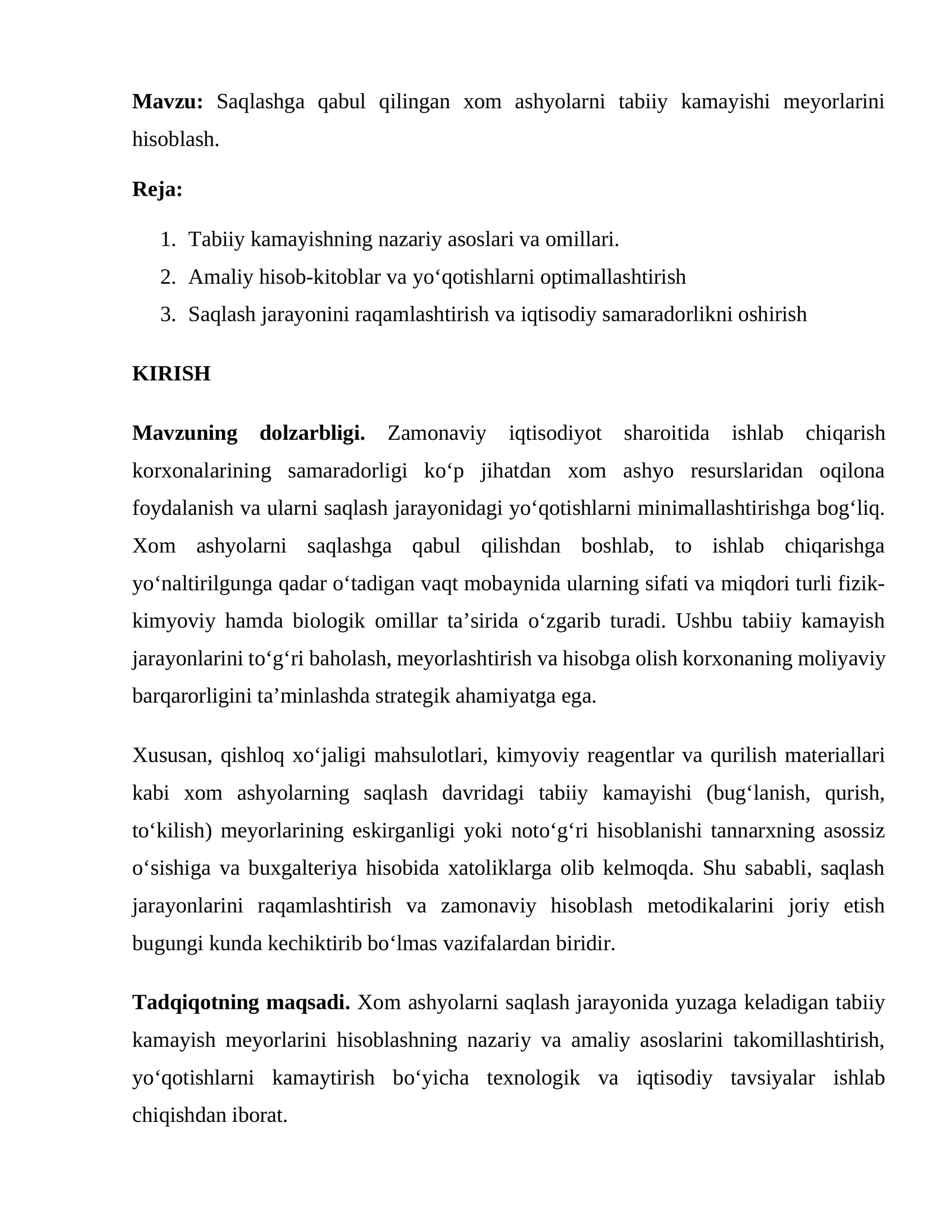 Tabiiy kamayishi meyorlarini hisoblash