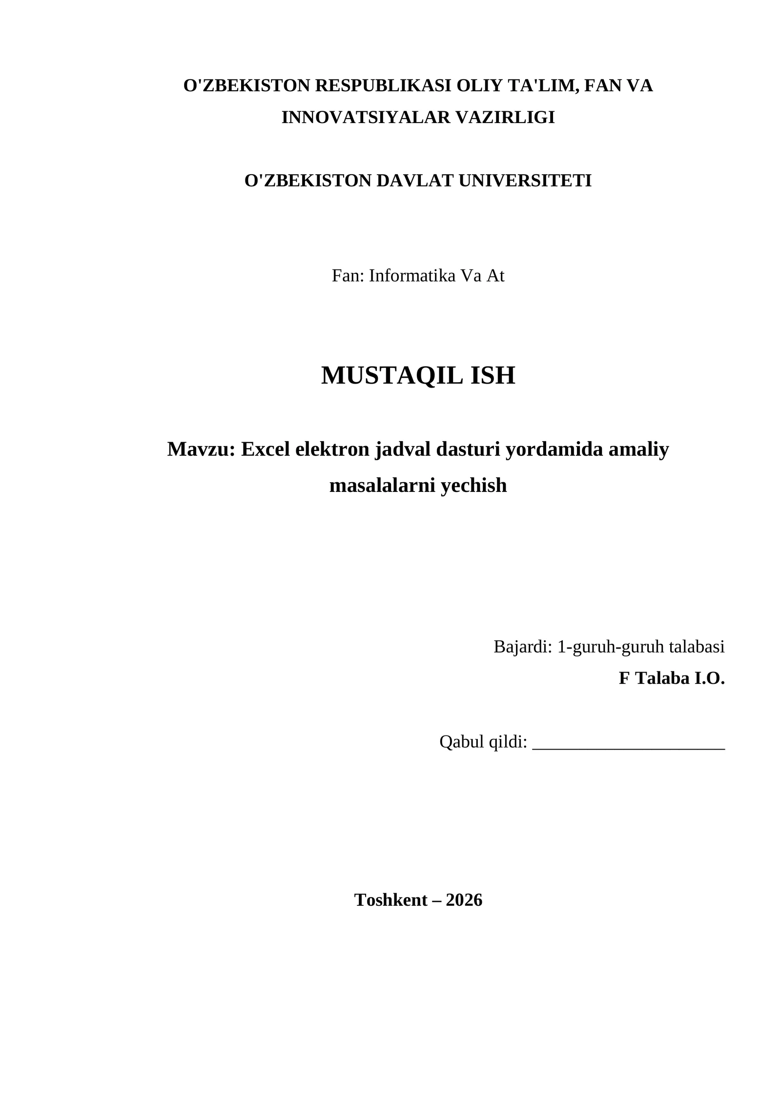 Excel elektron jadval dasturi yordamida amaliy masalalarni yechish
