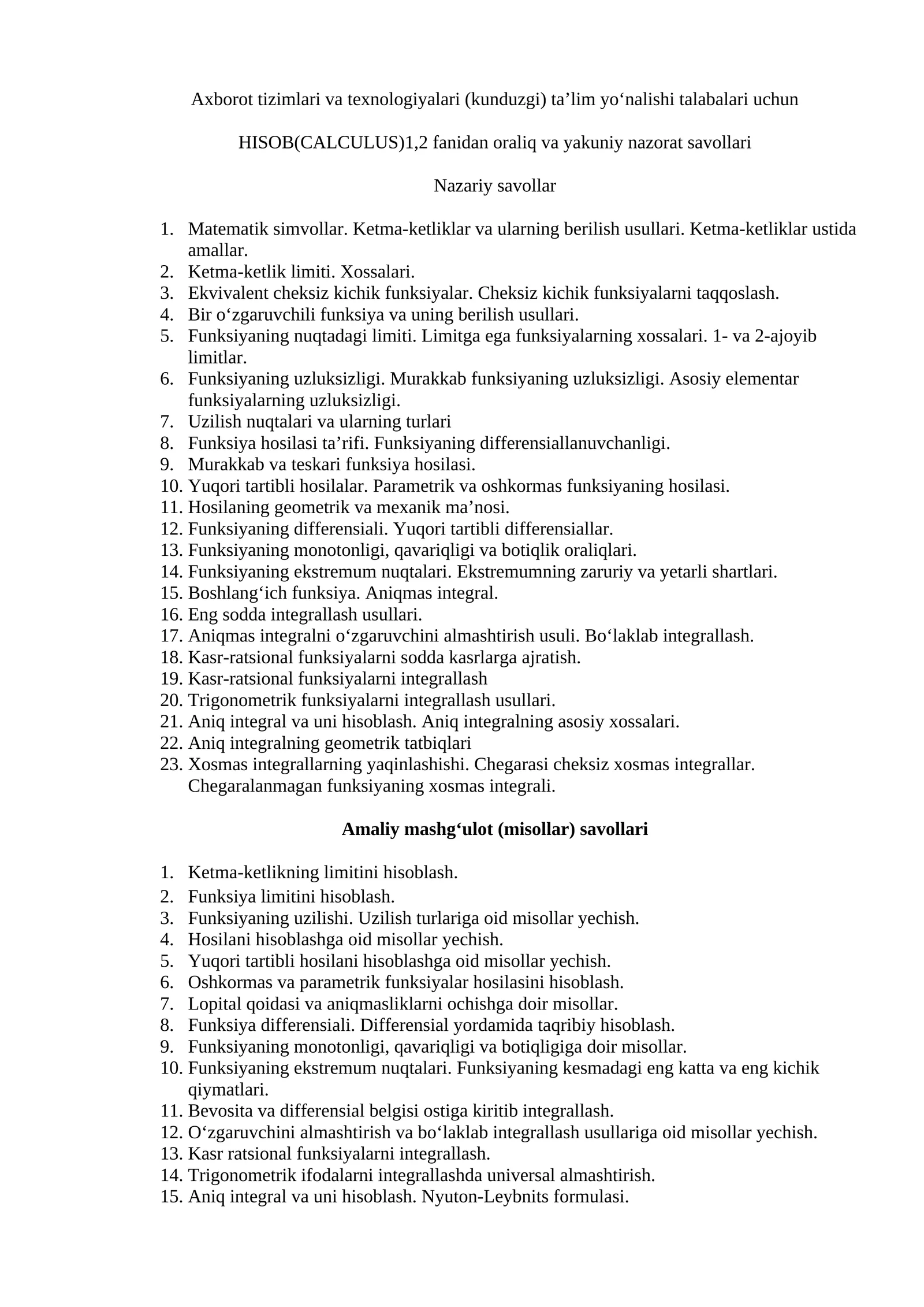 HISOB(CALCULUS)1,2 oraliq va yakuniy nazorat savollari
