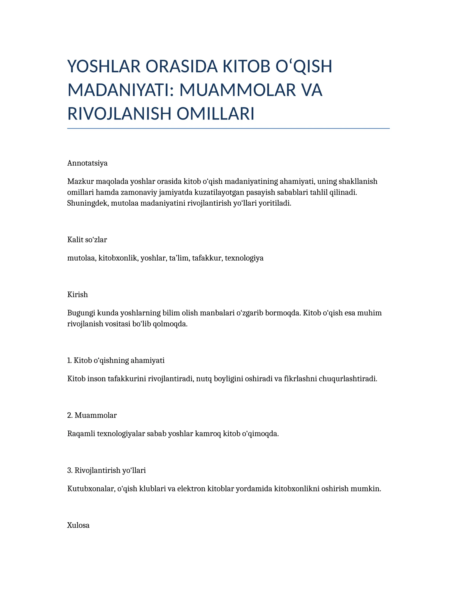 YOSHLAR ORASIDA KITOB O‘QISH MADANIYATI: MUAMMOLAR VA RIVOJLANISH OMILLARI