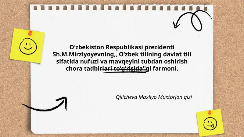 Oʻzbek tilining davlat tili sifatida nufuzi va mavqeyini tubdan oshirish chora tadbirlari toʻgʻrisida