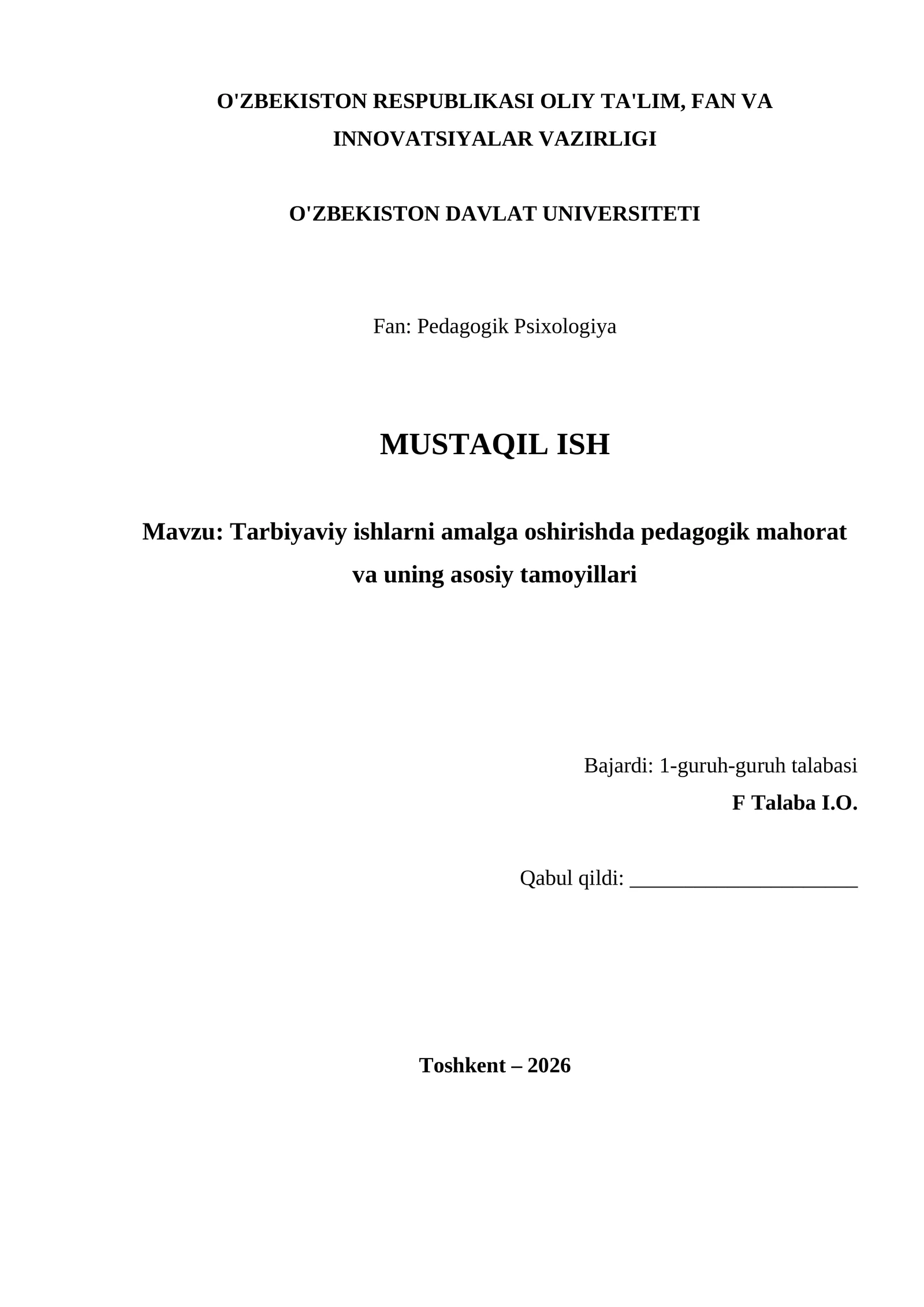 Tarbiyaviy ishlarni amalga oshirishda pedagogik mahorat va uning asosiy tamoyillari