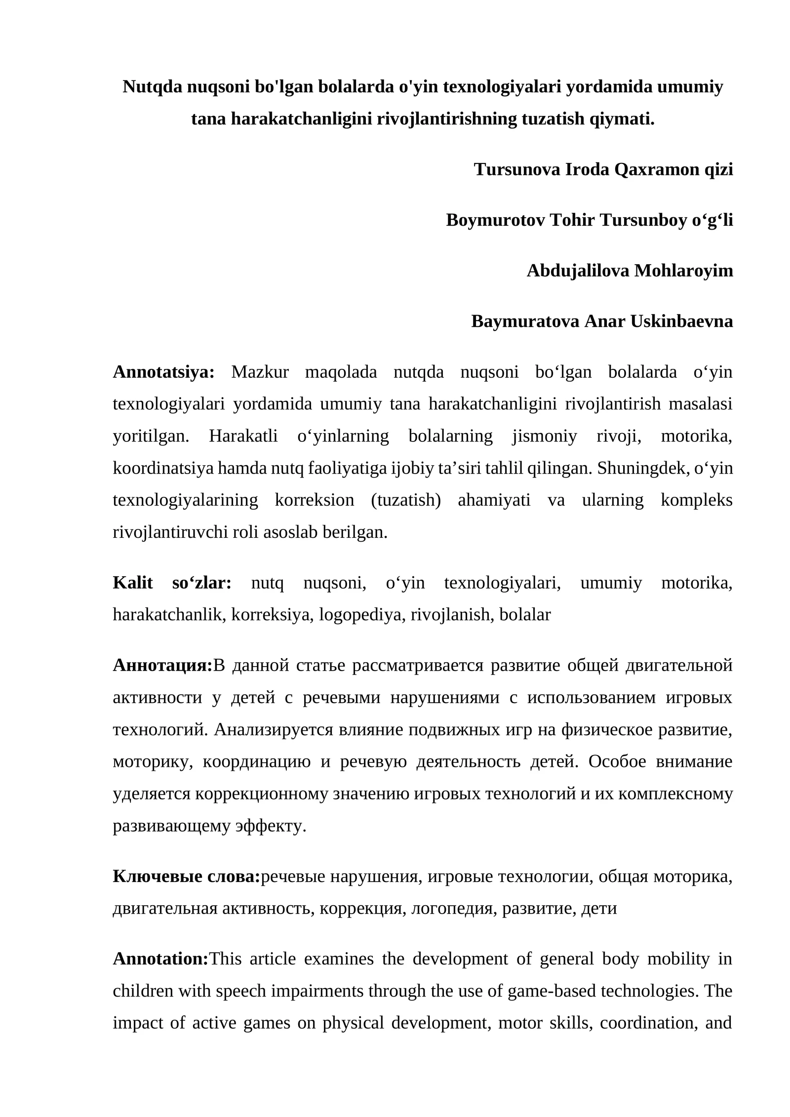 Nutqda nuqsoni bo'lgan bolalarda o'yin texnologiyalari