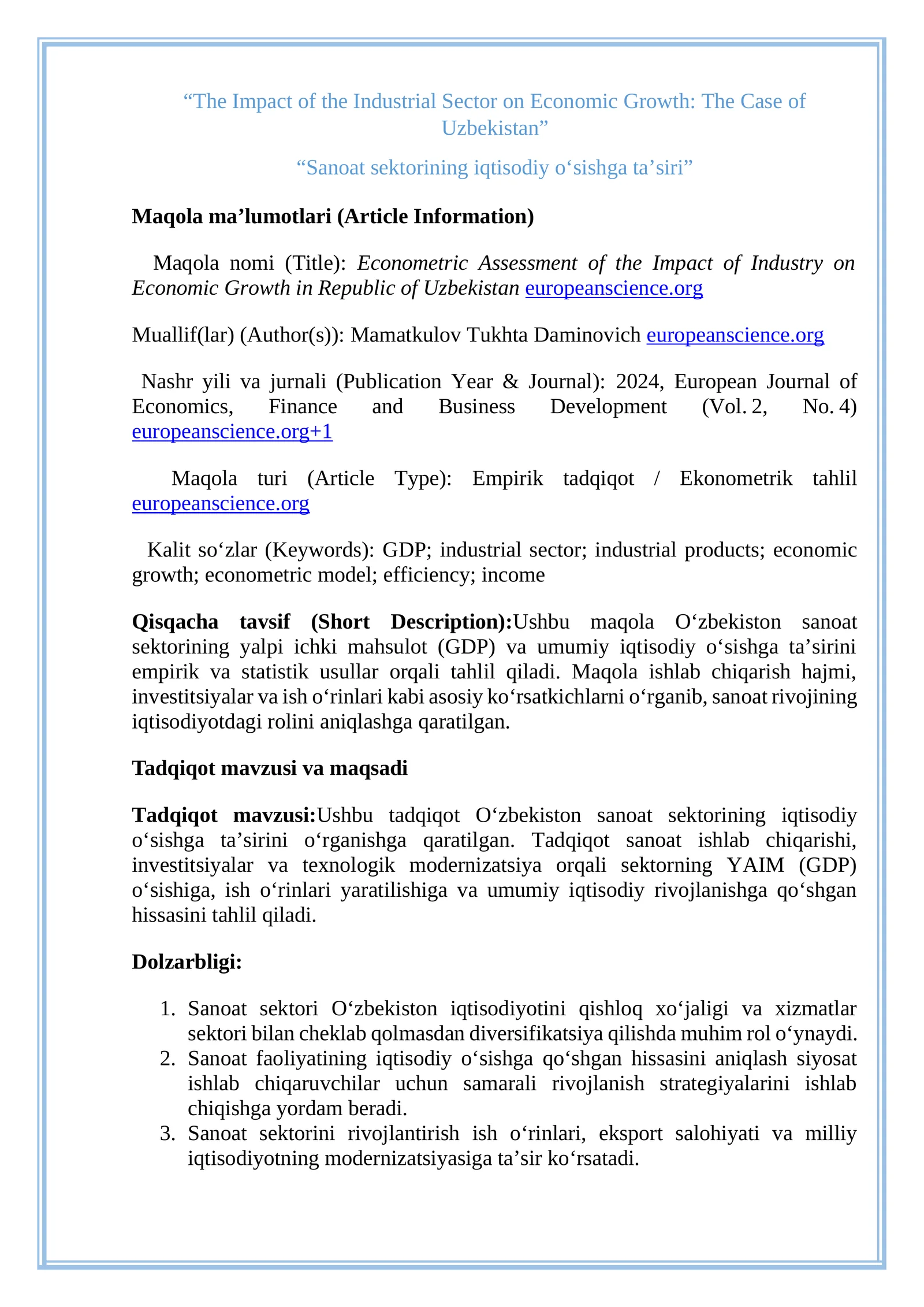 Sanoat sektorining iqtisodiy o‘sishga ta’siri
