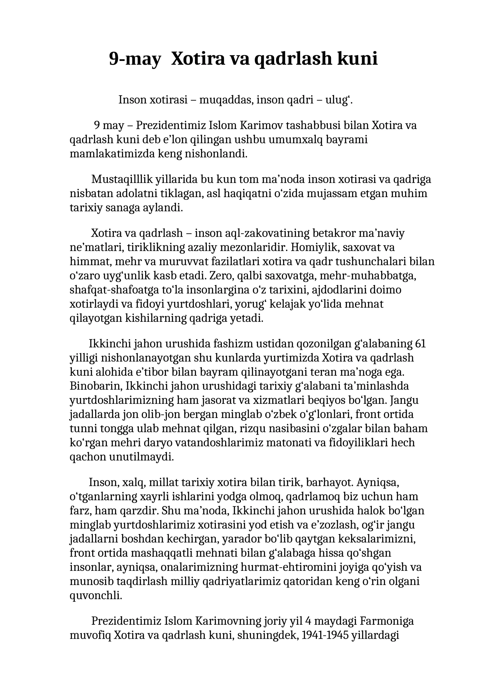 9-may Xotira va qadrlash kuni