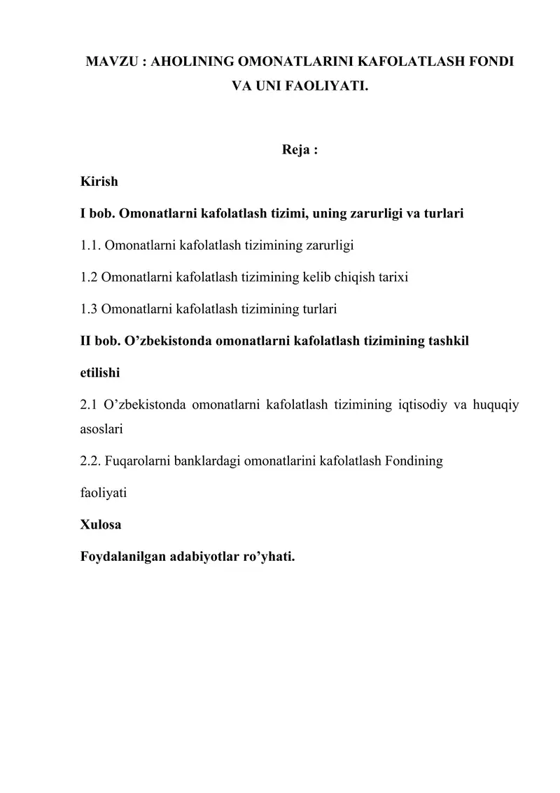 aholining omonatlarini kafolatlash fondi va uni faoliyat