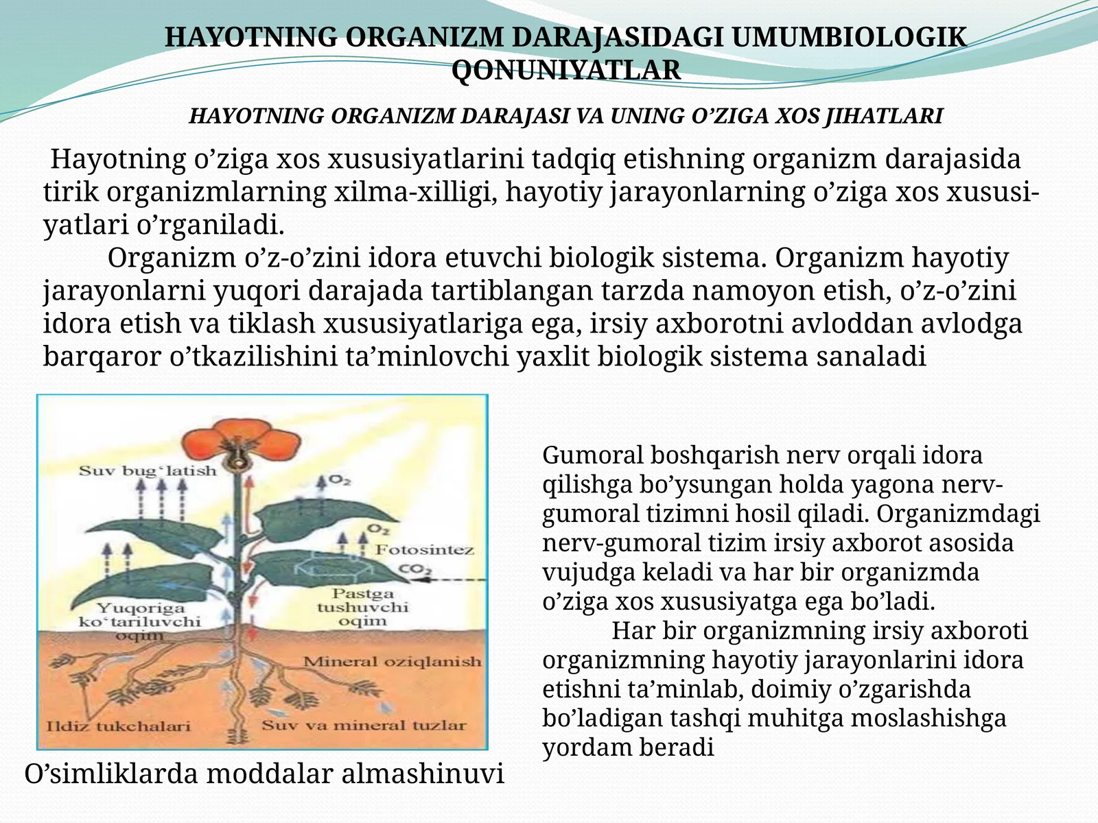 HAYOTNINGORGANIZM DARAJASIDAGI UMUMBIOLOGIK QONUNIYATLAR