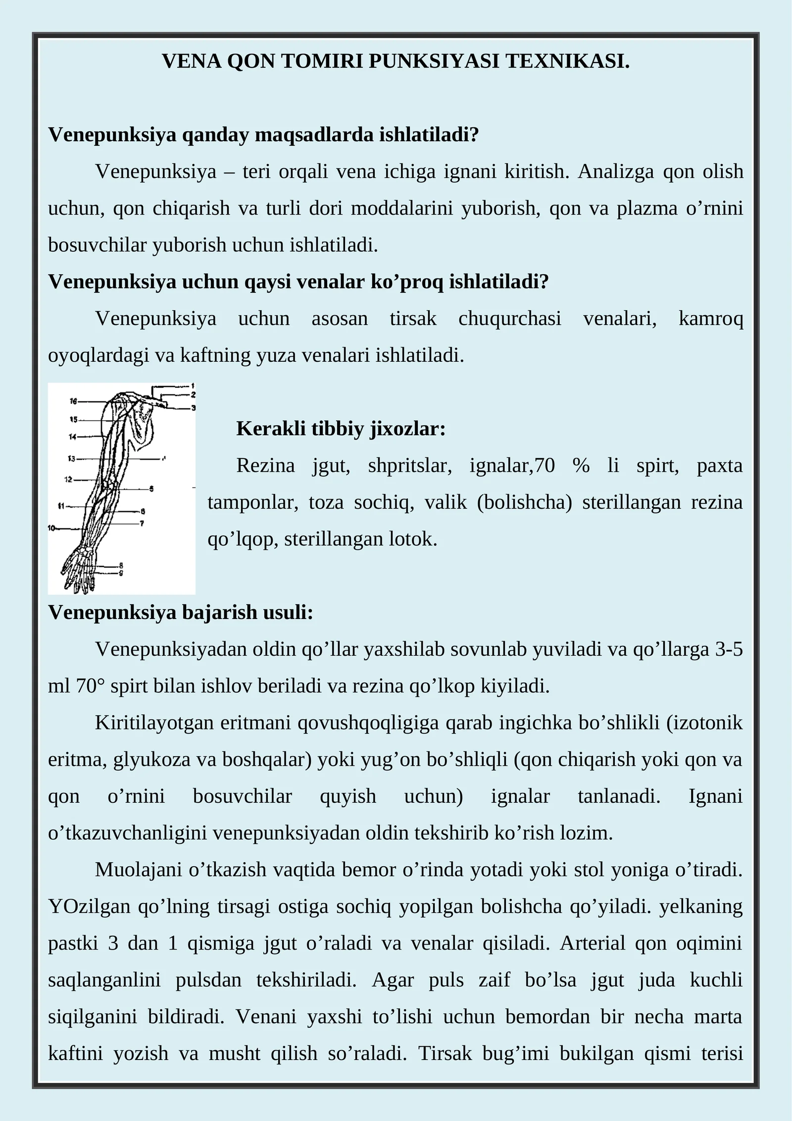 VENA QON TOMIRI PUNKSIYASI TEXNIKASI