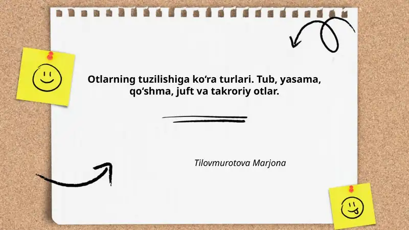Otlarning tuzilishiga ko‘ra turlari. Tub, yasama, qo‘shma, juft va takroriy otlar.