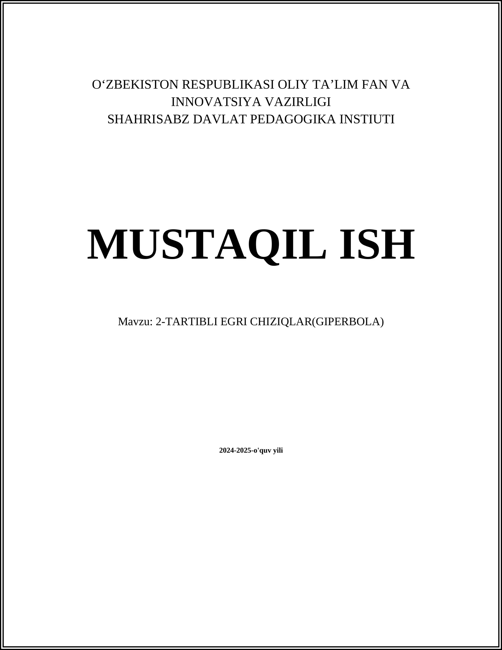 2-TARTIBLI EGRI CHIZIQLAR(GIPERBOLA)