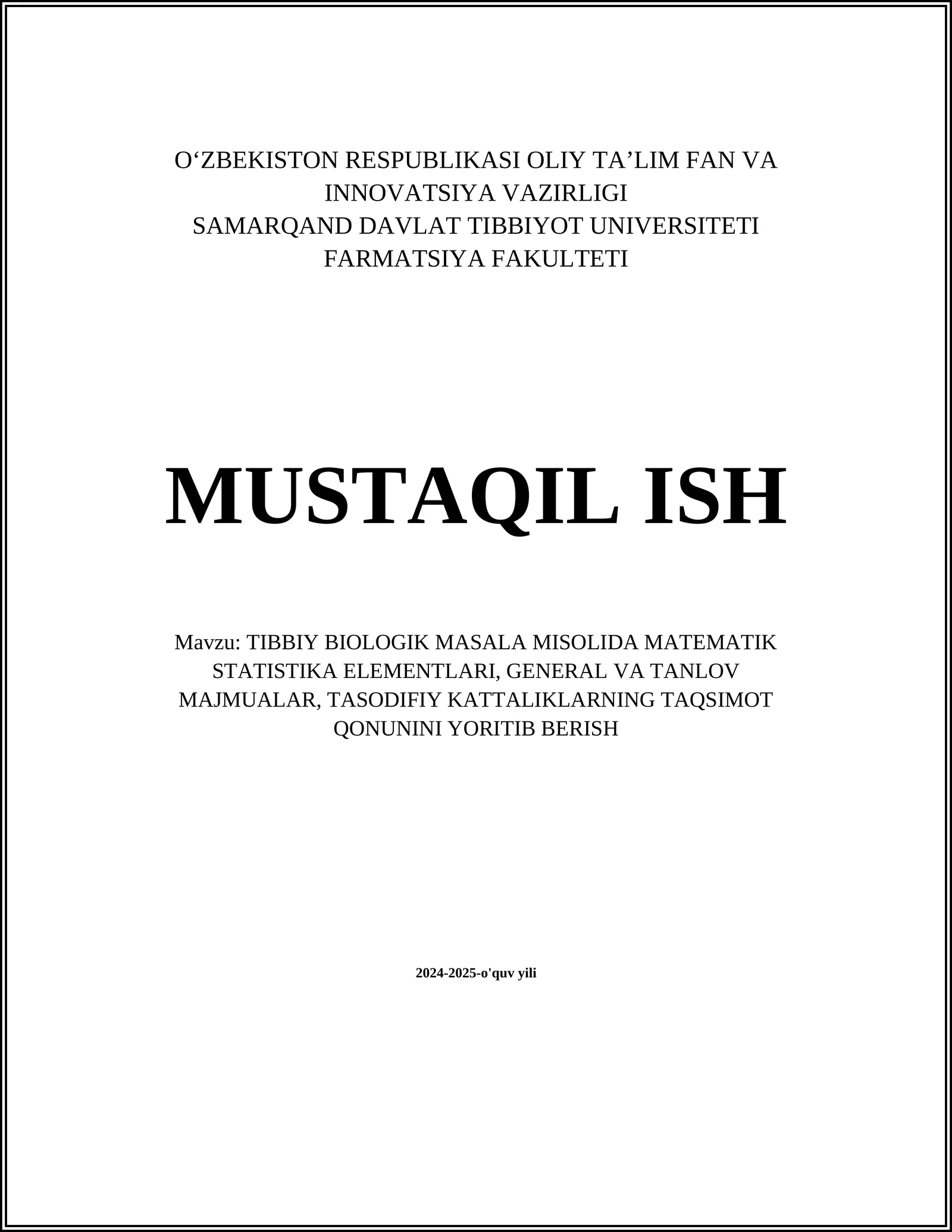 Tibbiyot Biologik Masalalarda Statistik Elementlar
