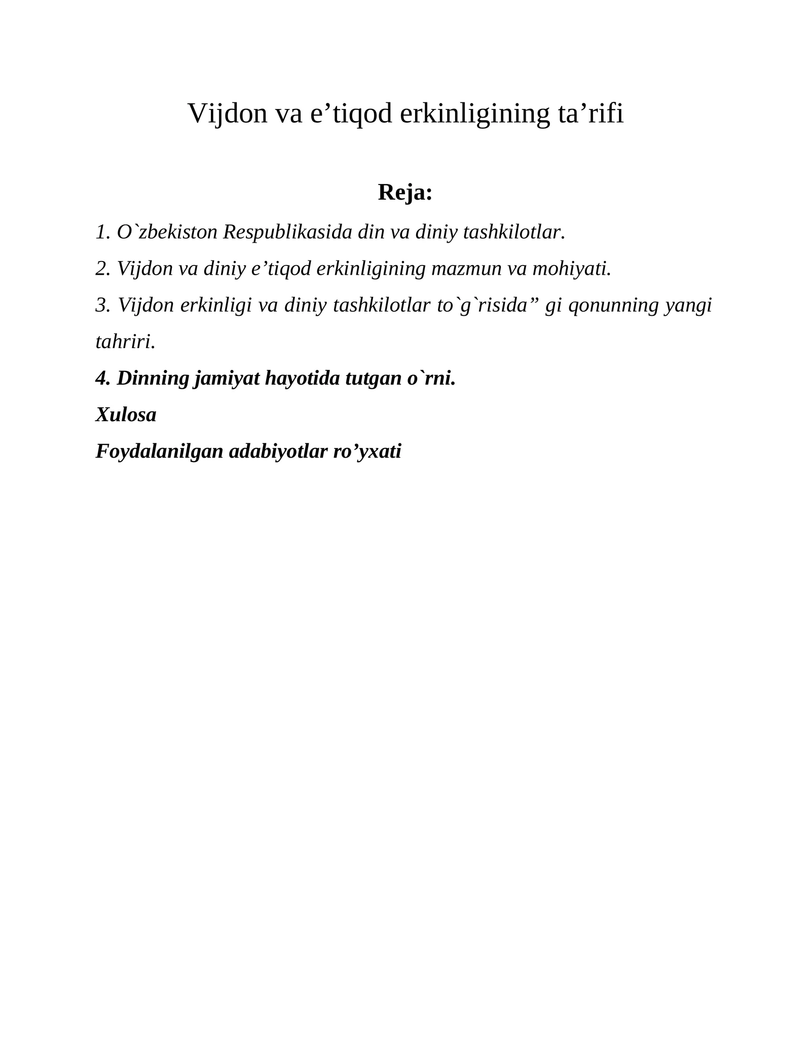 Vijdon va e’tiqod erkinligining ta’rifi