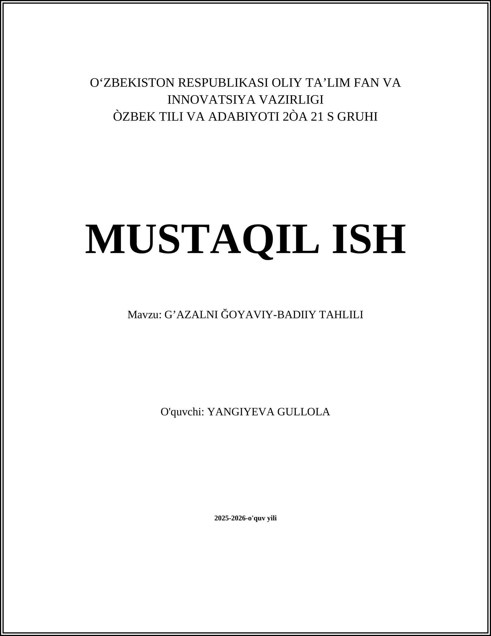 G’AZALNI ĞOYAVIY-BADIIY TAHLILI