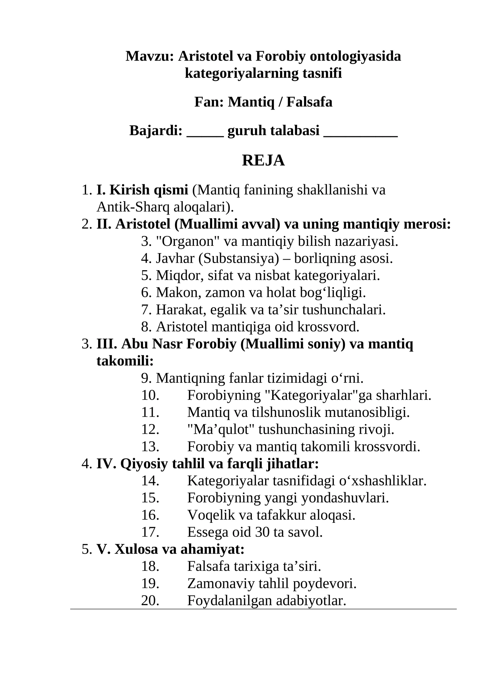Aristotel va Forobiy ontologiyasida kategoriyalarning tasnifi