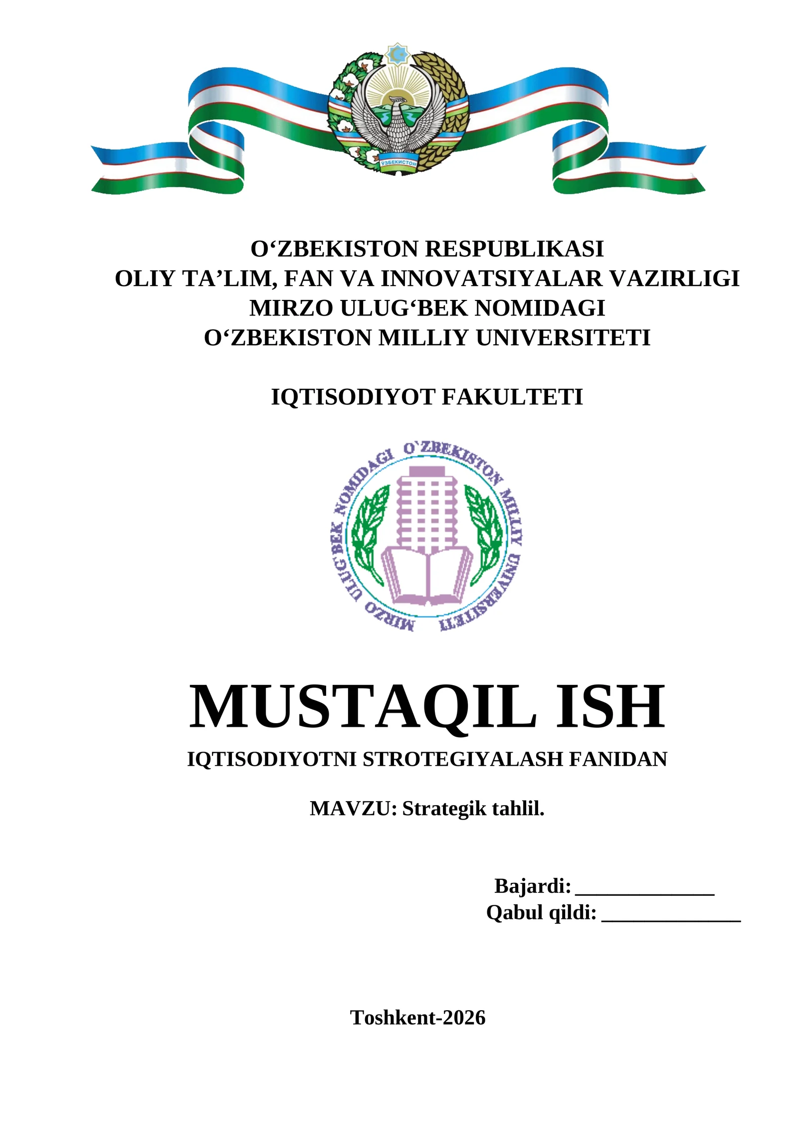 MUSTAQIL ISH IQTISODIYOTNI STROTEGIYALASH FANIDAN