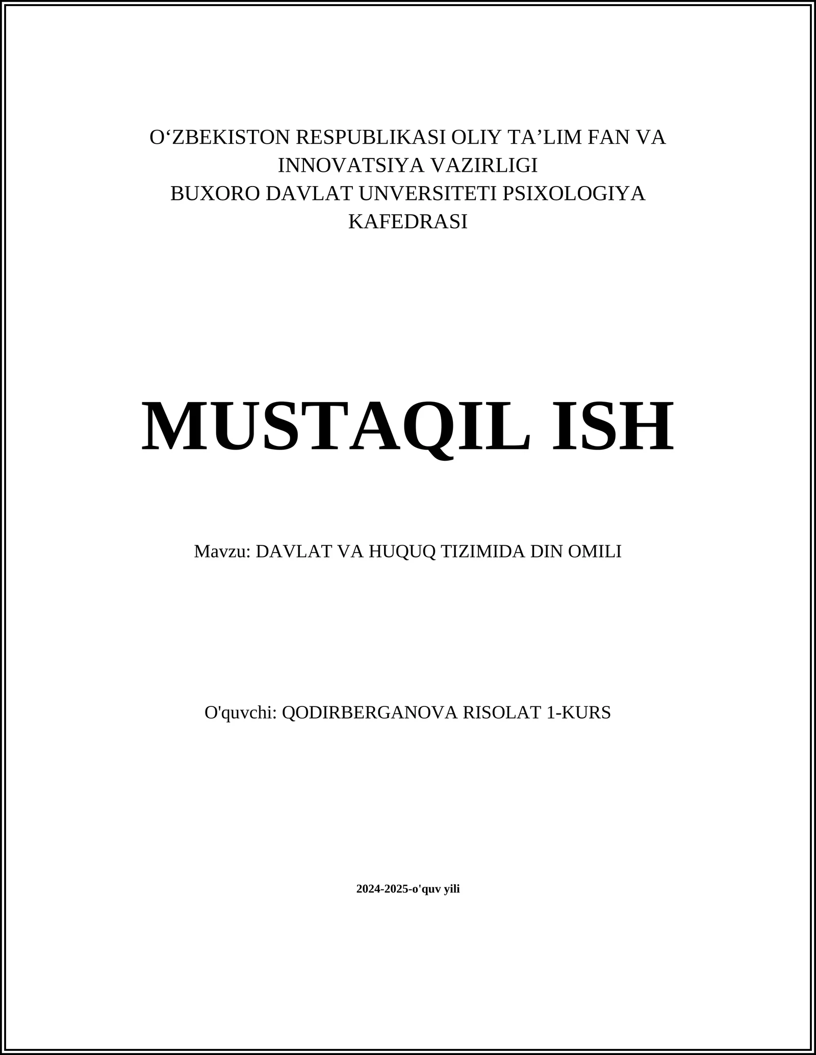 DAVLAT VA HUQUQ TIZIMIDA DIN OMILI